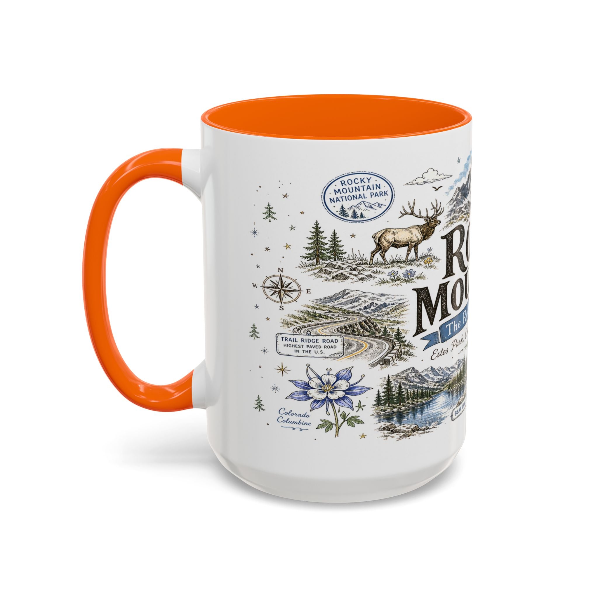 Rocky Mountain Coffee Mug | National Park Hiking Camping Gift | Accent Color Ceramic 11oz 15oz