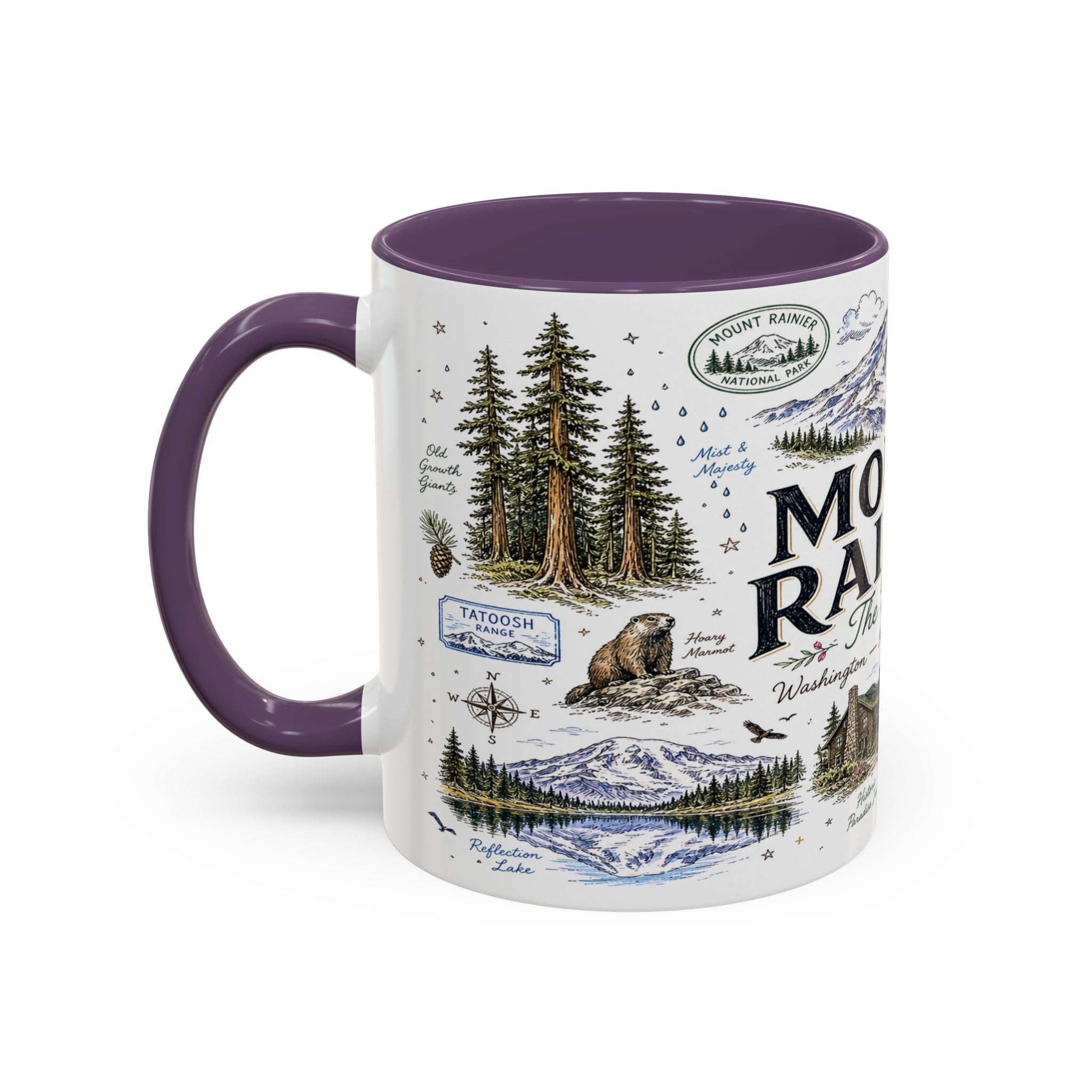Mount Rainier Coffee Mug | National Park Hiking Washington Gift | Accent Color Ceramic 11oz 15oz