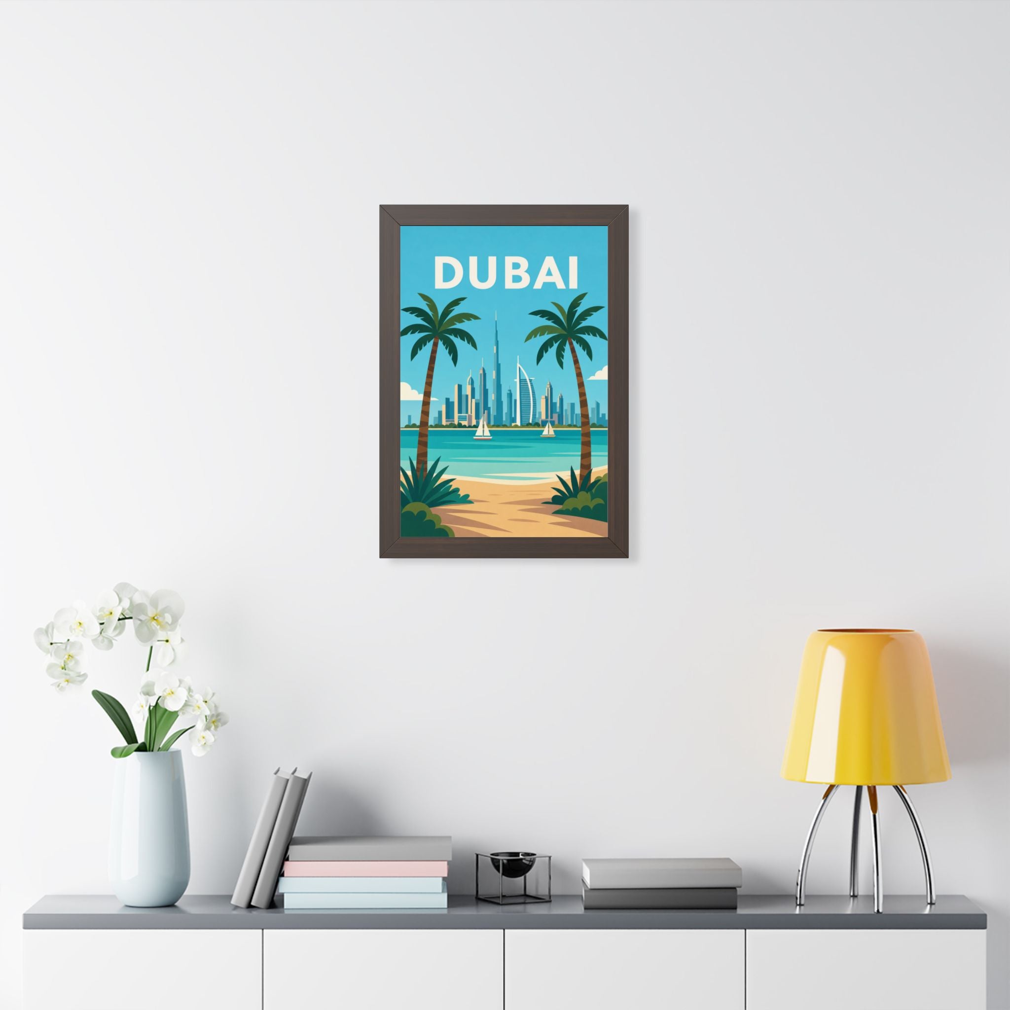 Dubai Beach United Arab Emirates Framed Poster | Vintage Travel Wall Art | Black Walnut White Frame | 16x24 20x30
