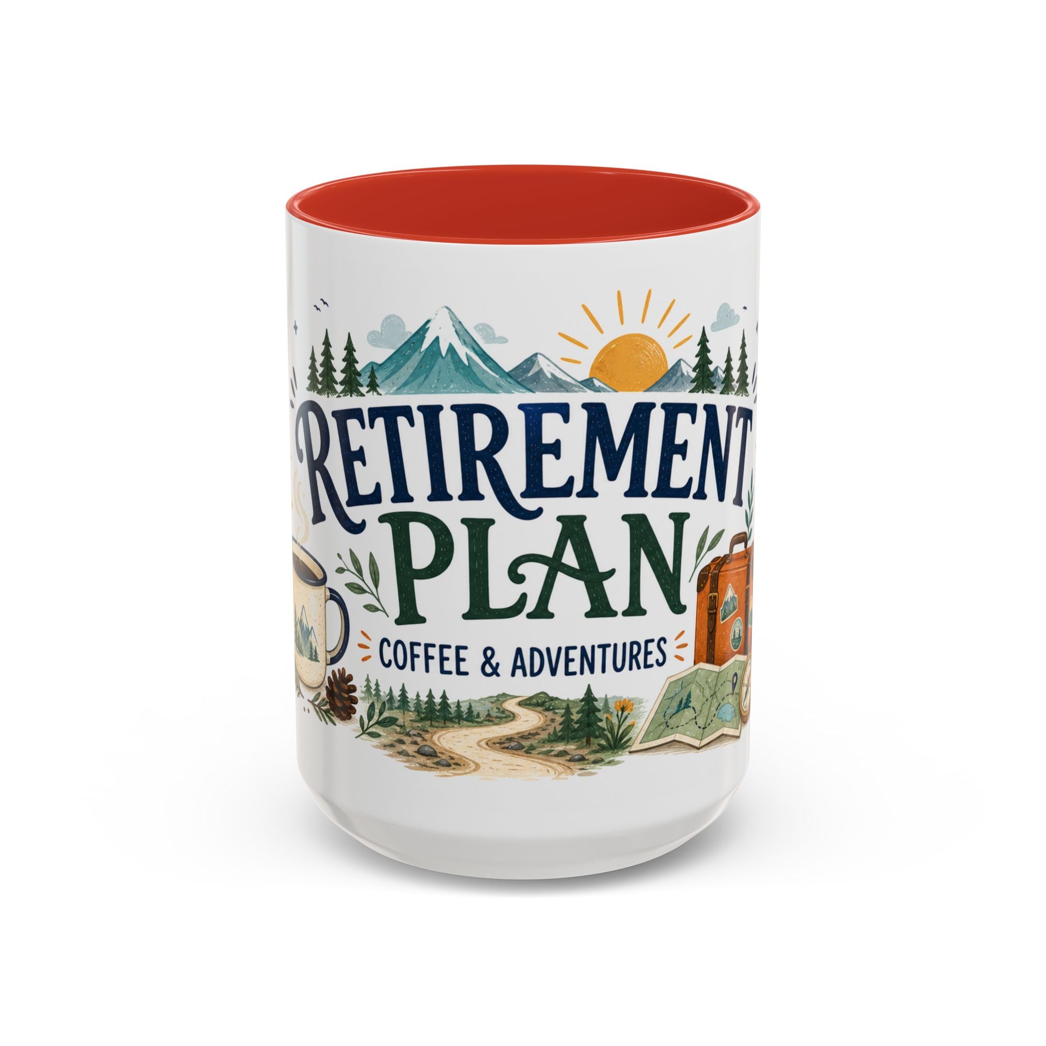 Retirement Plan Coffee And Adventures Mug | Travel Retirement Gift | Accent Color Ceramic 11oz 15oz