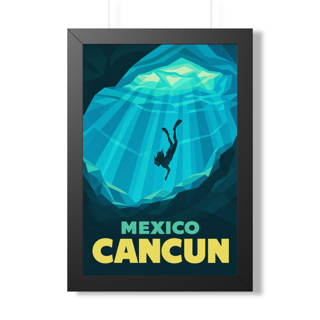 Cancún Cenote Mexico Framed Poster | Vintage Travel Wall Art | Black Walnut White Frame | 16x24 20x30