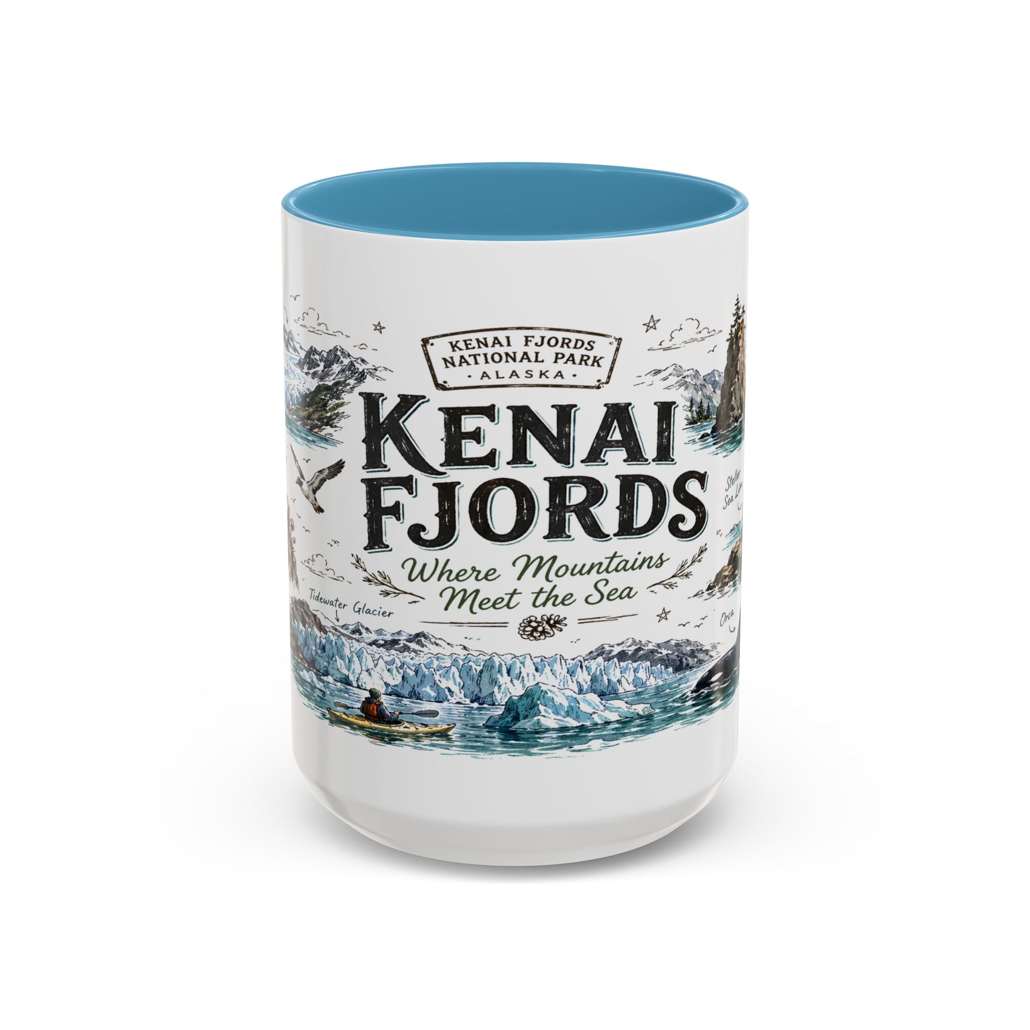 Kenai Fjords National Park Coffee Mug | Alaska Coastal Wildlife Hiking Gift | Accent Color Ceramic 11oz 15oz