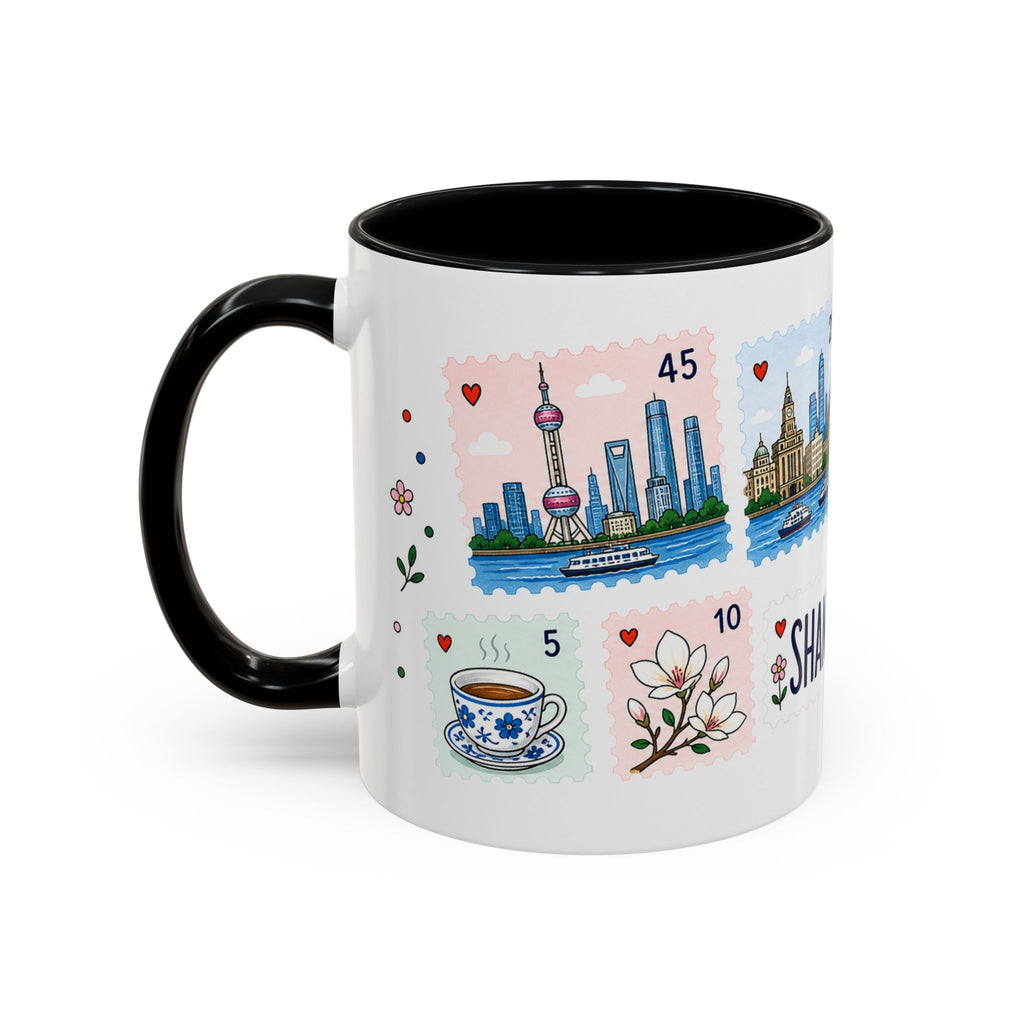 Shanghai Coffee Mug | Postage Stamp Collage Mug | Travel Souvenir Accent Cup 11oz 15oz
