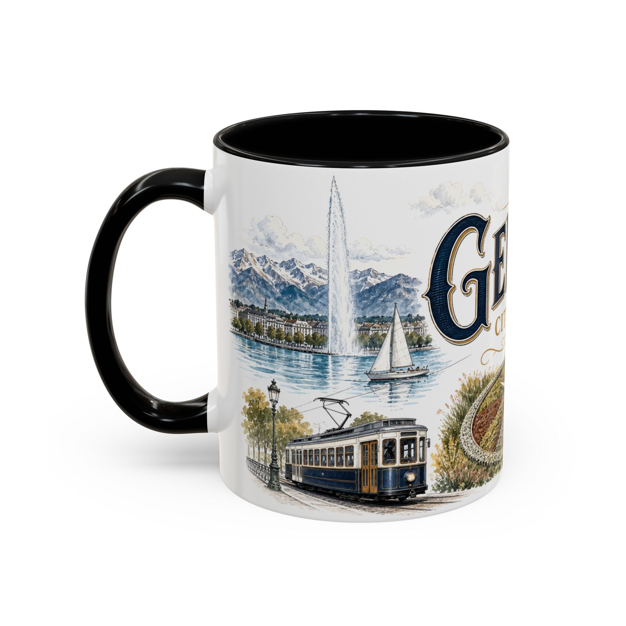 Geneva Coffee Mug | Switzerland Travel Souvenir | Vintage Illustrated City Gift | 11 oz 15 oz Accent Mug