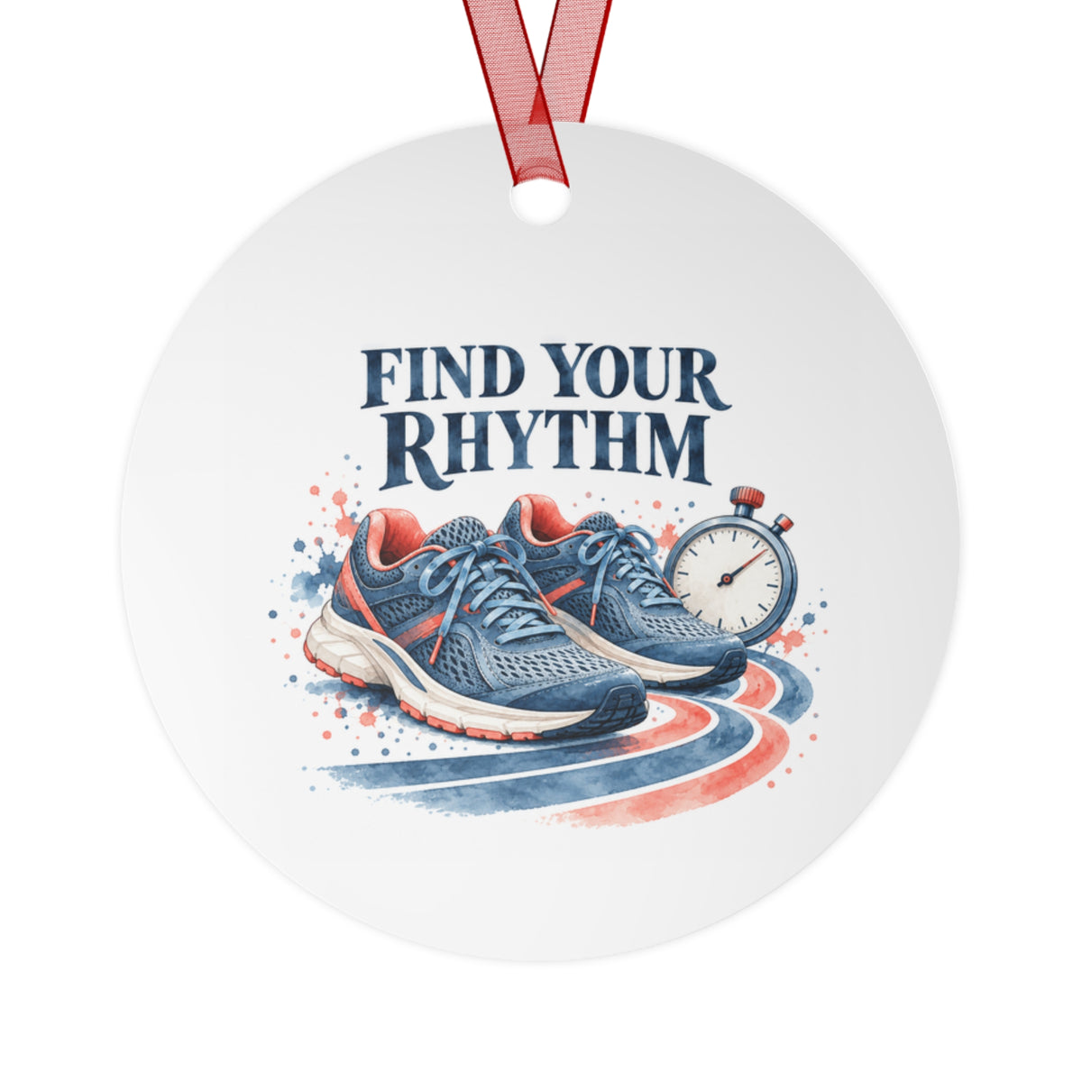 Front view of a round aluminum ornament with running artwork.