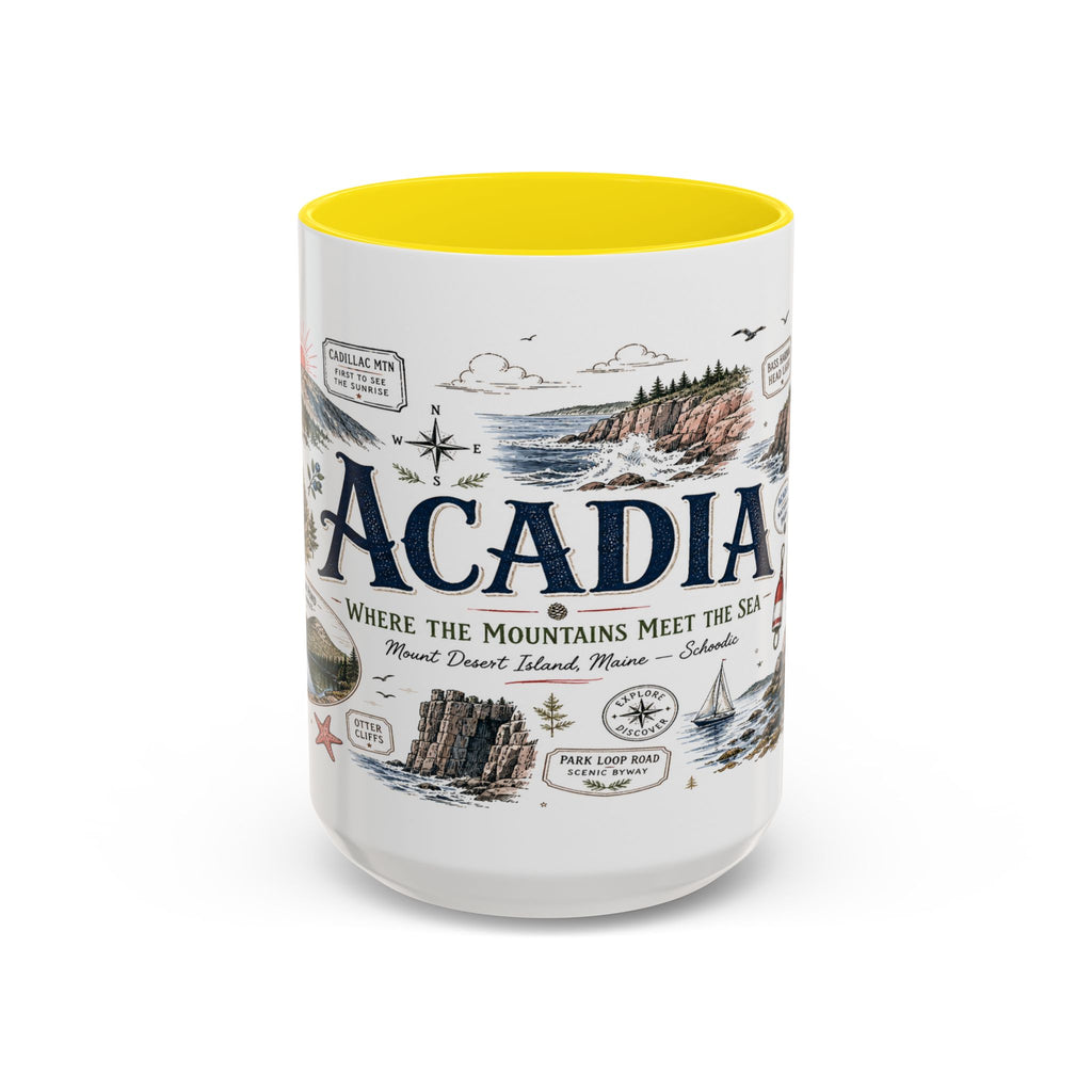 Acadia Coffee Mug | National Park Hiking Coastal Gift | Accent Color Ceramic 11oz 15oz