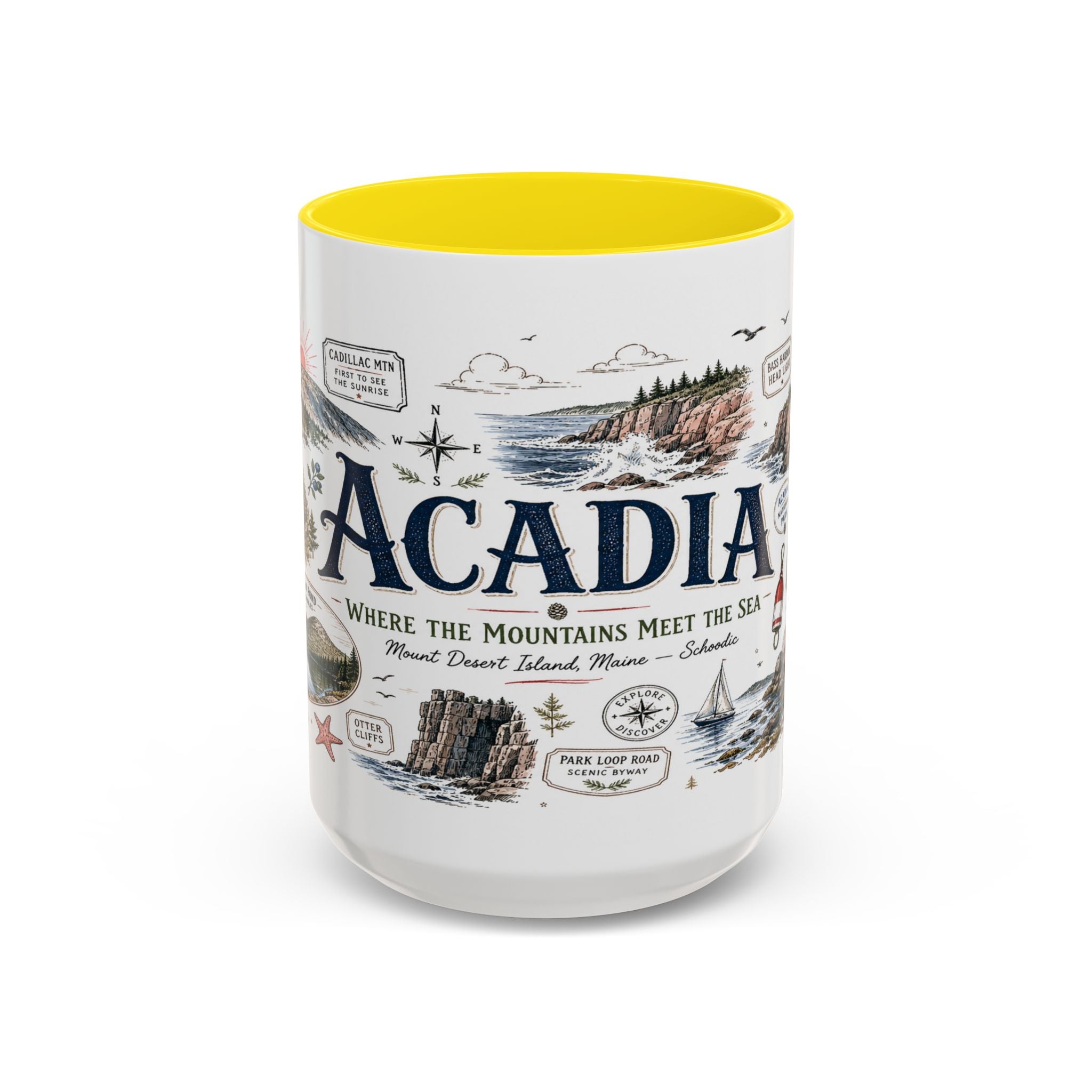 Acadia Coffee Mug | National Park Hiking Coastal Gift | Accent Color Ceramic 11oz 15oz