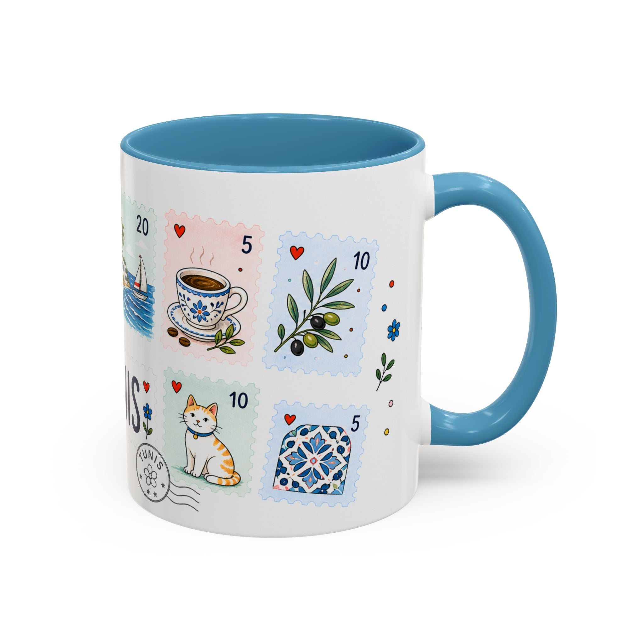 Tunis Coffee Mug | Postage Stamp Collage Mug | Travel Souvenir Accent Cup 11oz 15oz