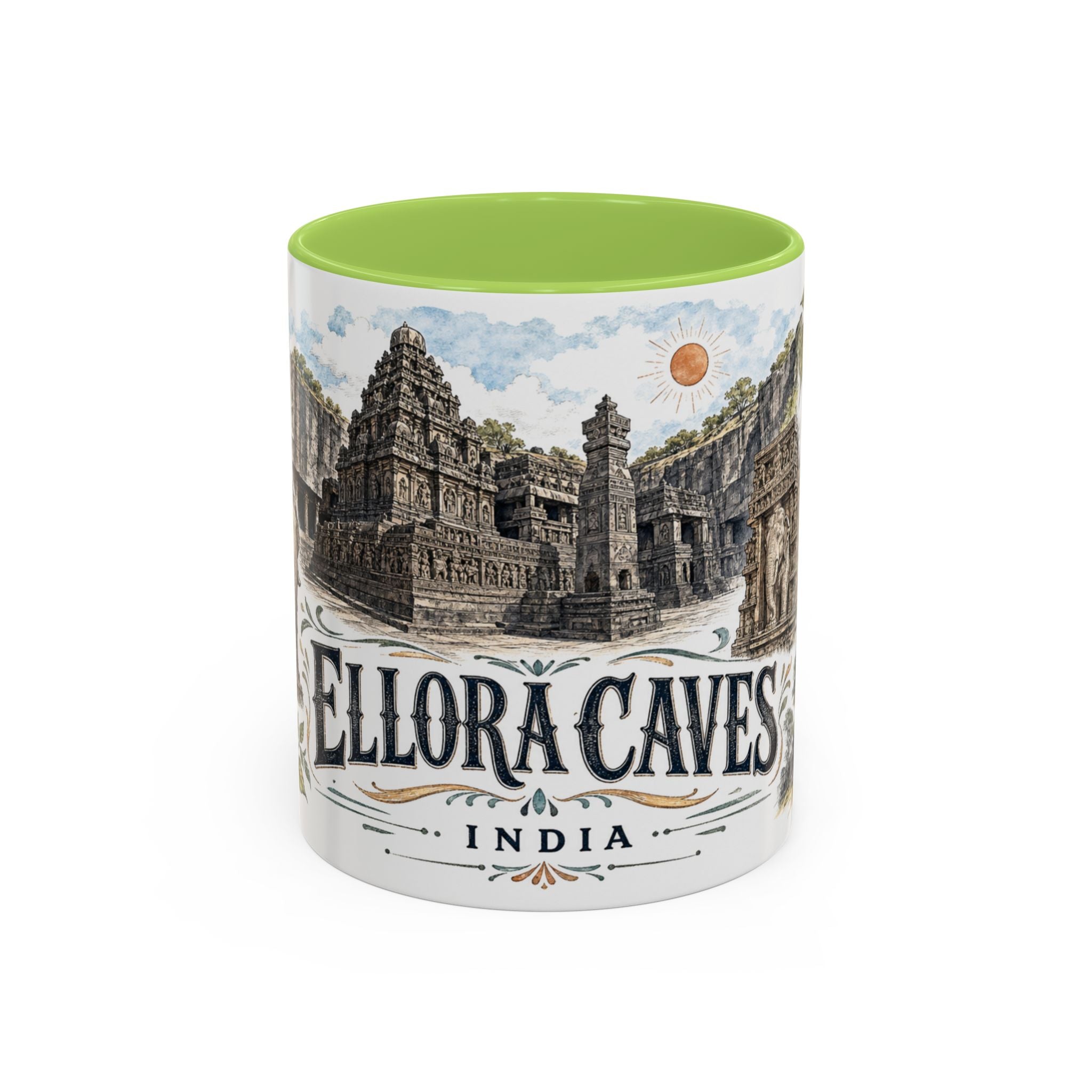Ellora Caves Mug, India Travel Souvenir, Bucket List Gift, Accent Ceramic Coffee Mug 11oz 15oz