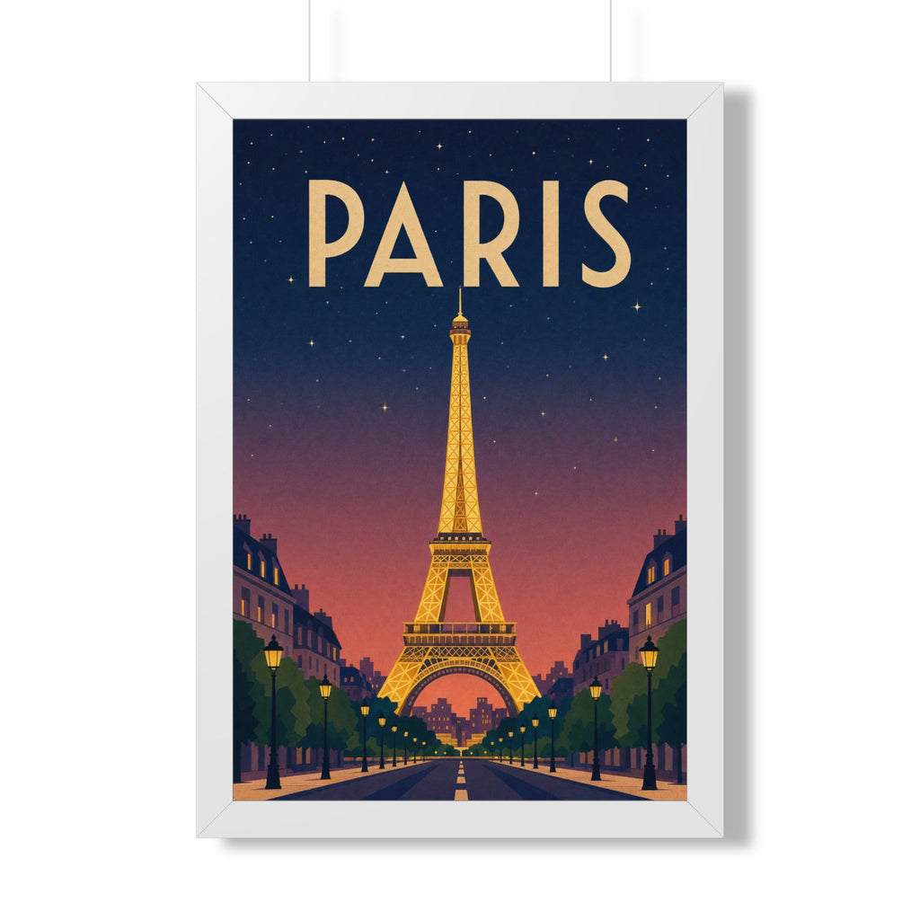 Paris at Night France Framed Poster | Vintage Travel Wall Art | Black Walnut White Frame | 16x24 20x30