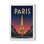 Paris at Night France Framed Poster | Vintage Travel Wall Art | Black Walnut White Frame | 16x24 20x30
