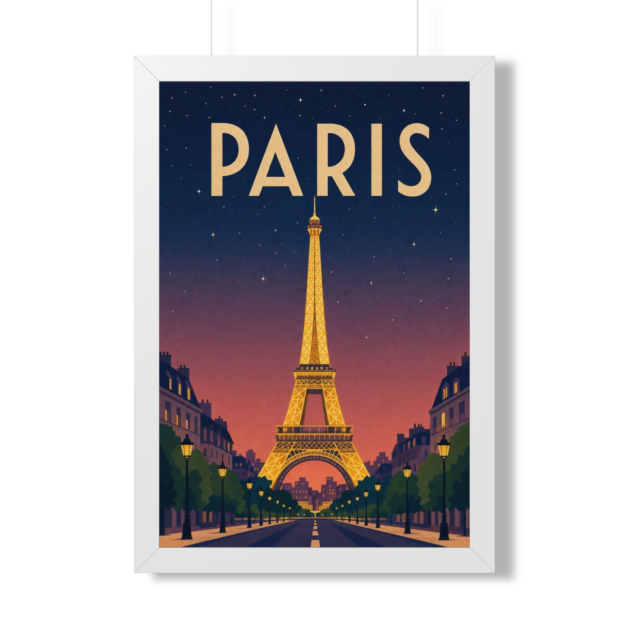 Paris at Night France Framed Poster | Vintage Travel Wall Art | Black Walnut White Frame | 16x24 20x30