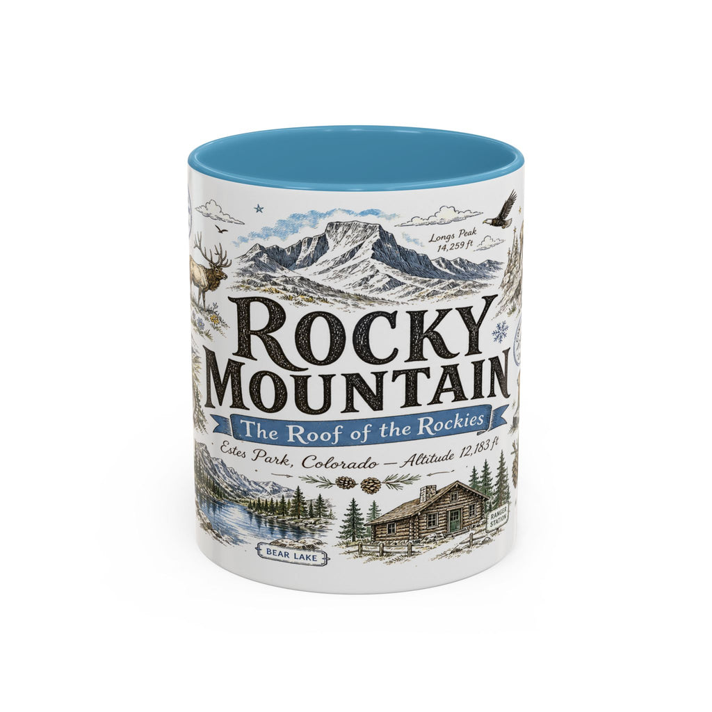 Rocky Mountain Coffee Mug | National Park Hiking Camping Gift | Accent Color Ceramic 11oz 15oz