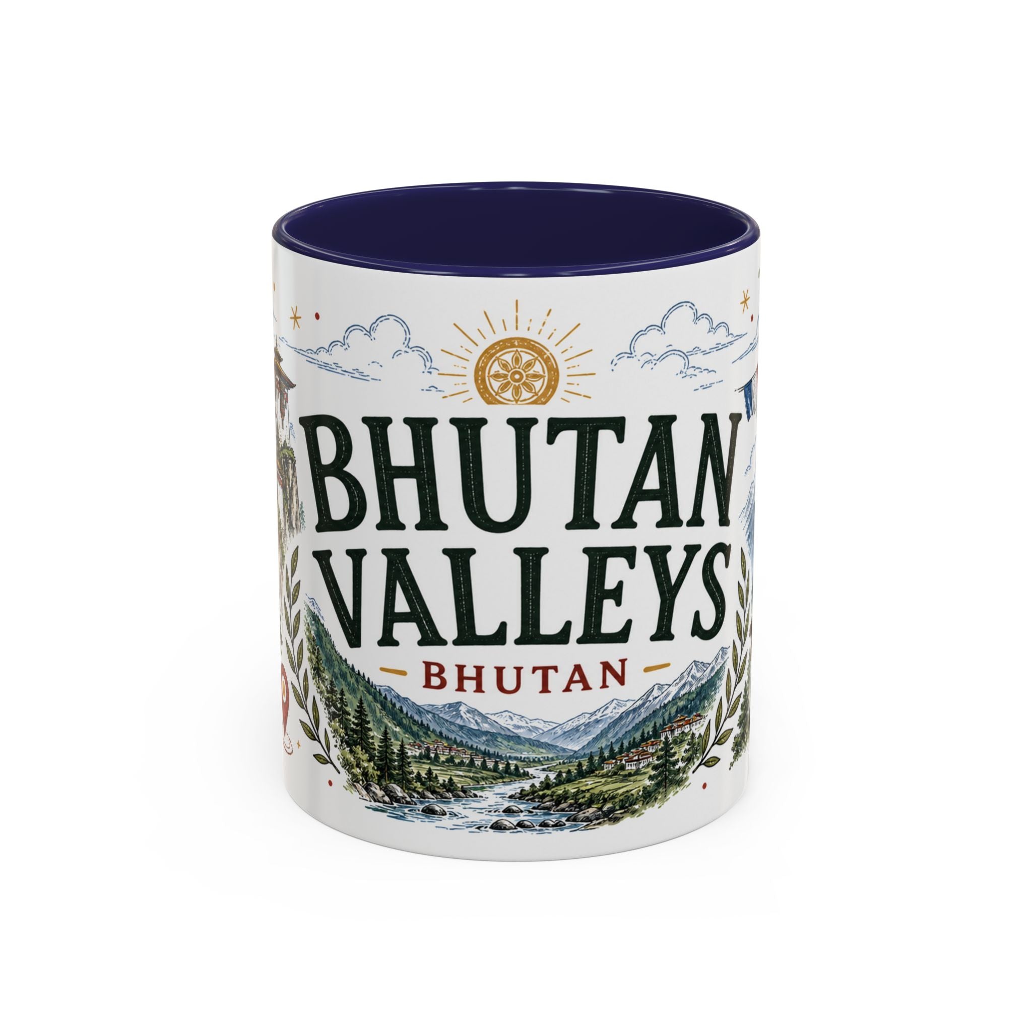 Bhutan Valleys Coffee Mug | Travel Destination Souvenir Gift | Accent Color Ceramic 11oz 15oz
