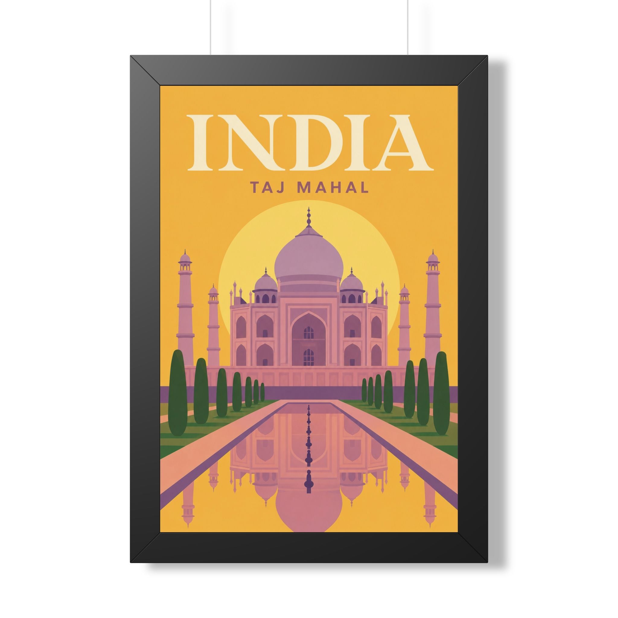 Taj Mahal India Framed Poster | Vintage Travel Wall Art | Black Walnut White Frame | 16x24 20x30