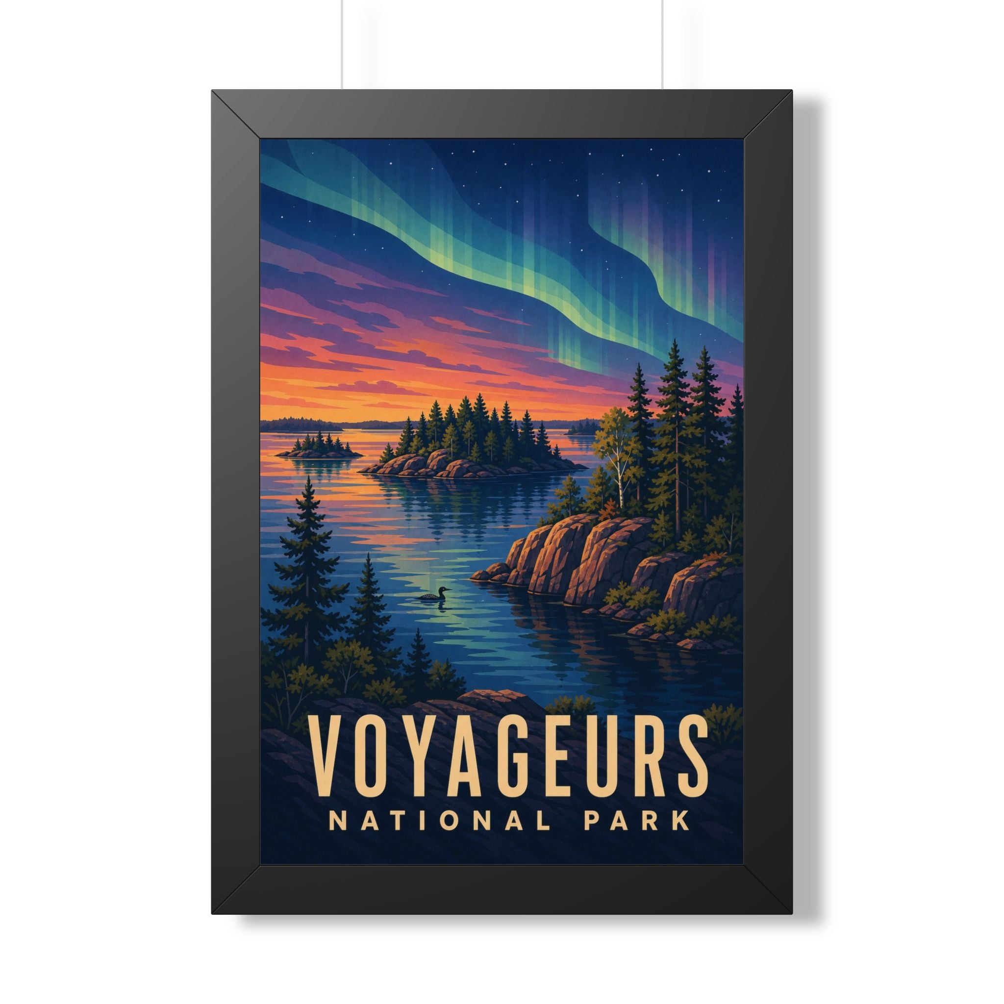 Voyageurs National Park Framed Poster | Vintage Travel Wall Art | Black Walnut White Frame | 16x24 20x30