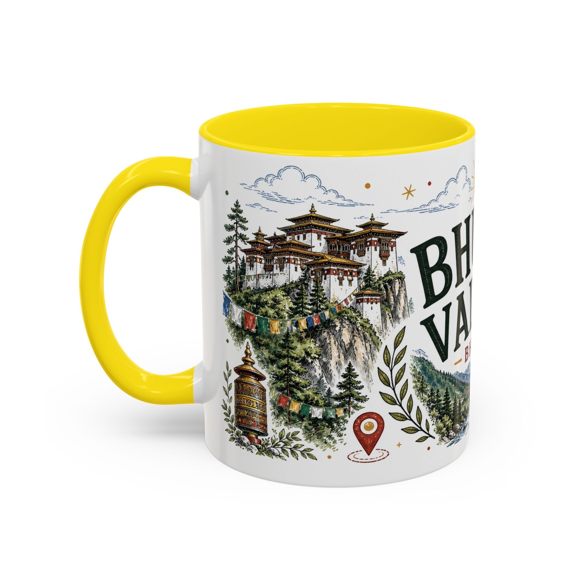 Bhutan Valleys Coffee Mug | Travel Destination Souvenir Gift | Accent Color Ceramic 11oz 15oz
