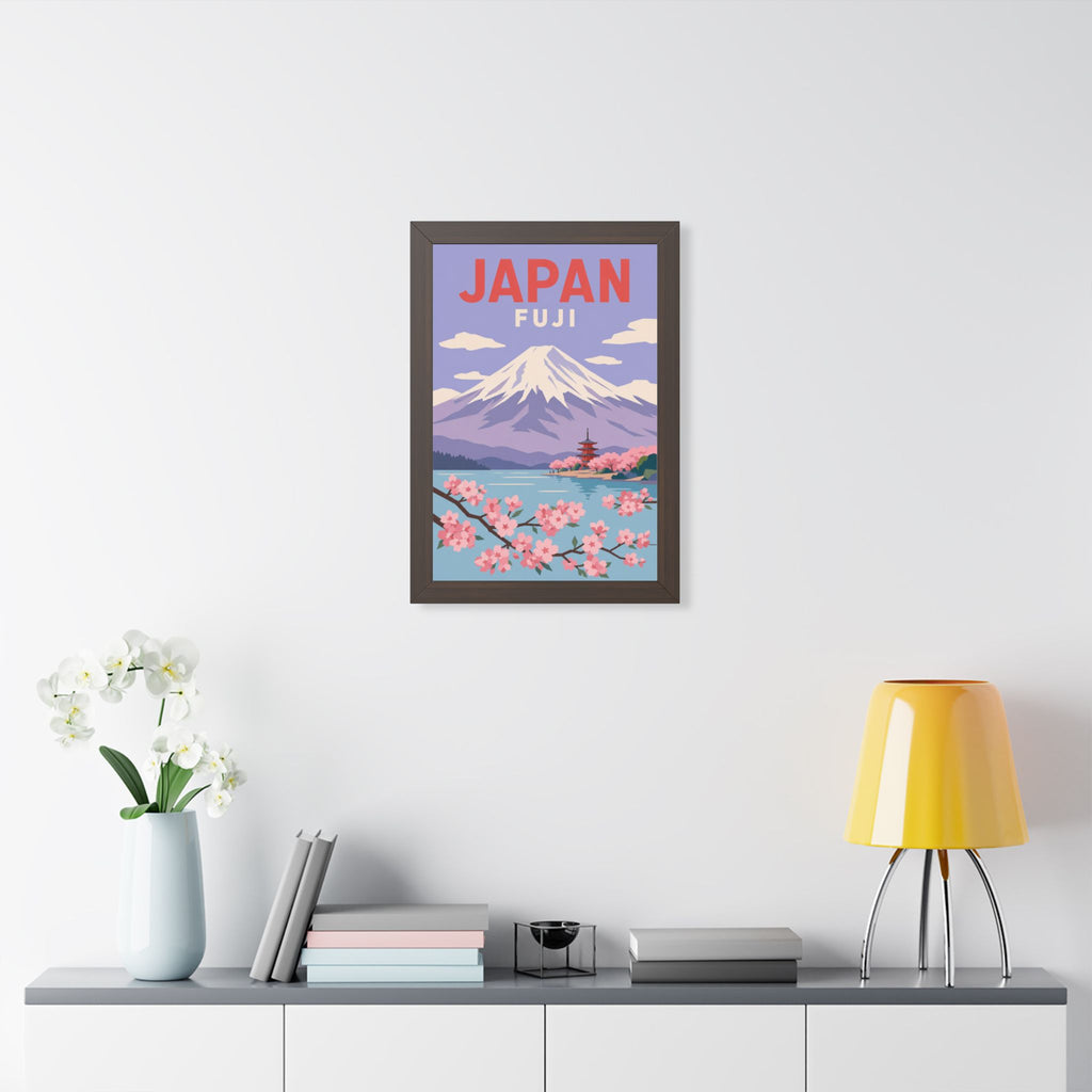 Mount Fuji Japan Framed Poster | Vintage Travel Wall Art | Black Walnut White Frame | 16x24 20x30