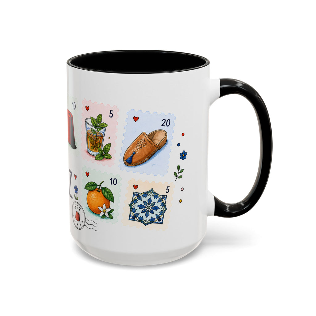 Fez Coffee Mug | Postage Stamp Collage Mug | Travel Souvenir Accent Cup 11oz 15oz