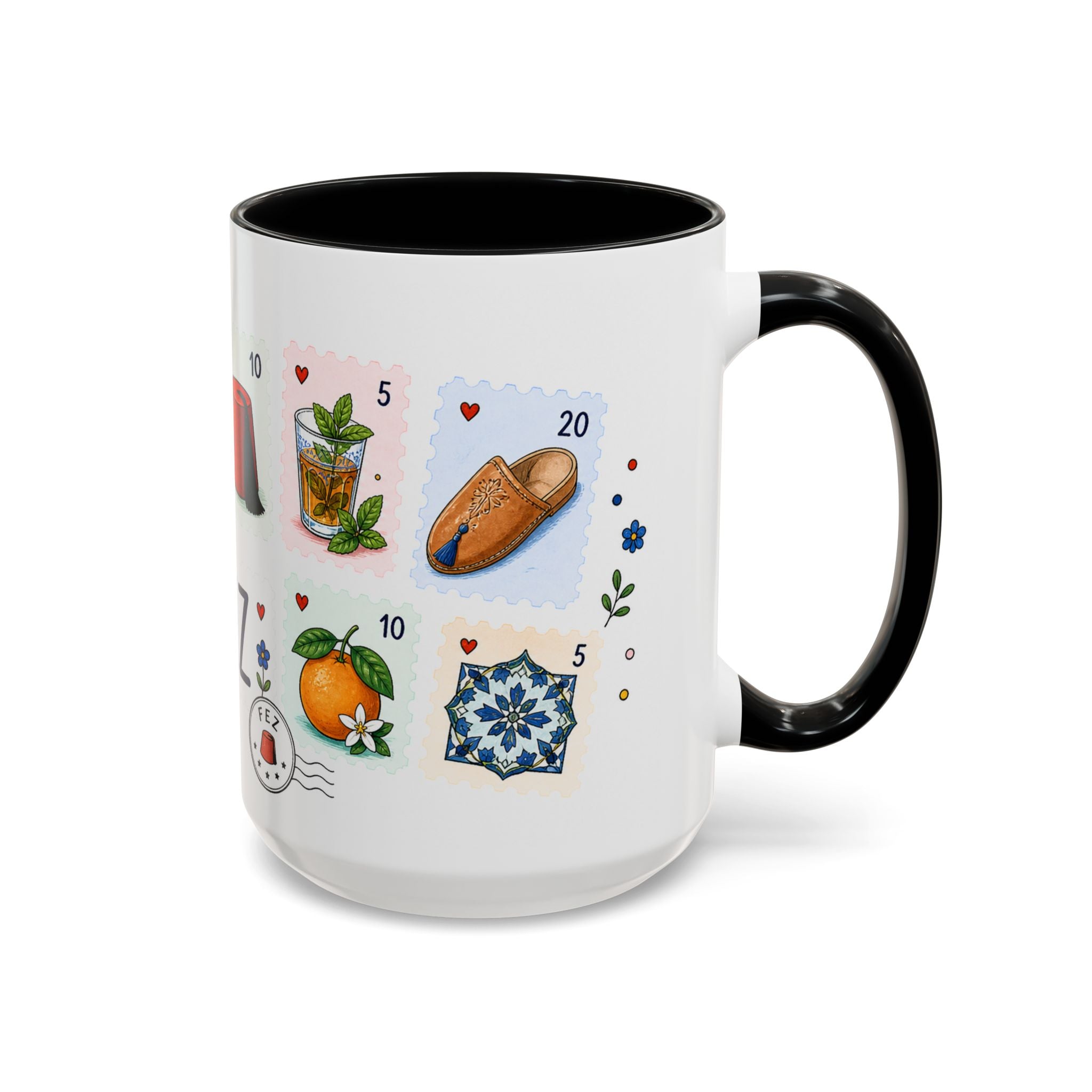 Fez Coffee Mug | Postage Stamp Collage Mug | Travel Souvenir Accent Cup 11oz 15oz