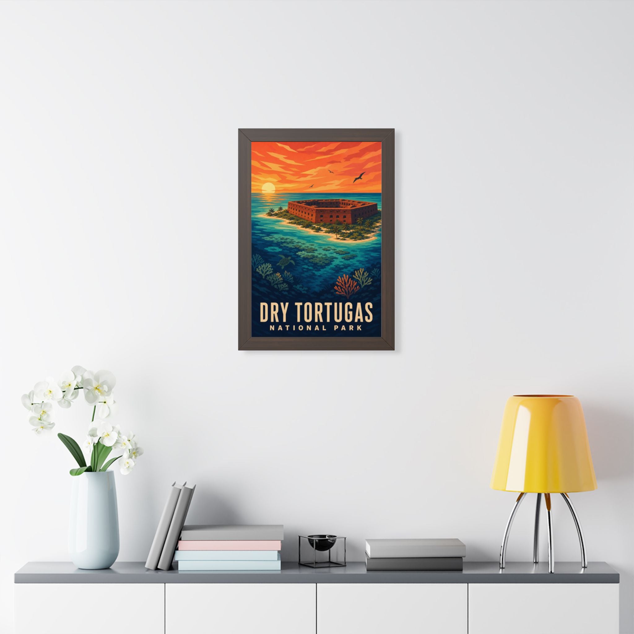 Dry Tortugas National Park Framed Poster | Vintage Travel Wall Art | Black Walnut White Frame | 16x24 20x30