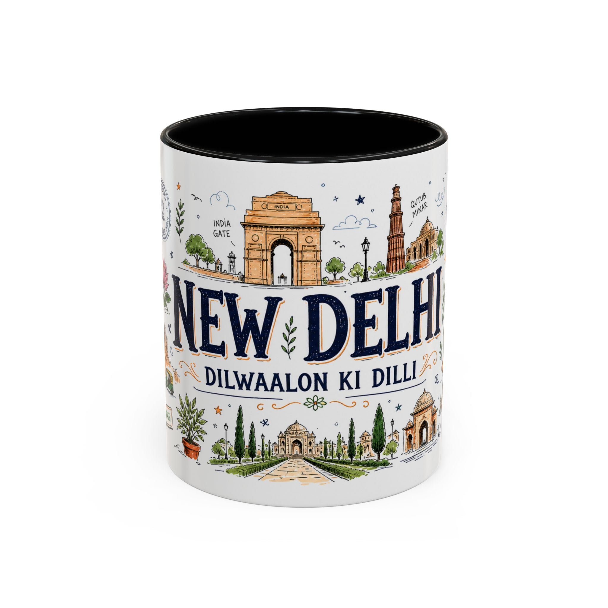 New Delhi Coffee Mug | India Souvenir Travel Gift | Accent Color Ceramic 11oz 15oz