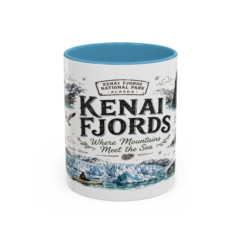 Kenai Fjords National Park Coffee Mug | Alaska Coastal Wildlife Hiking Gift | Accent Color Ceramic 11oz 15oz