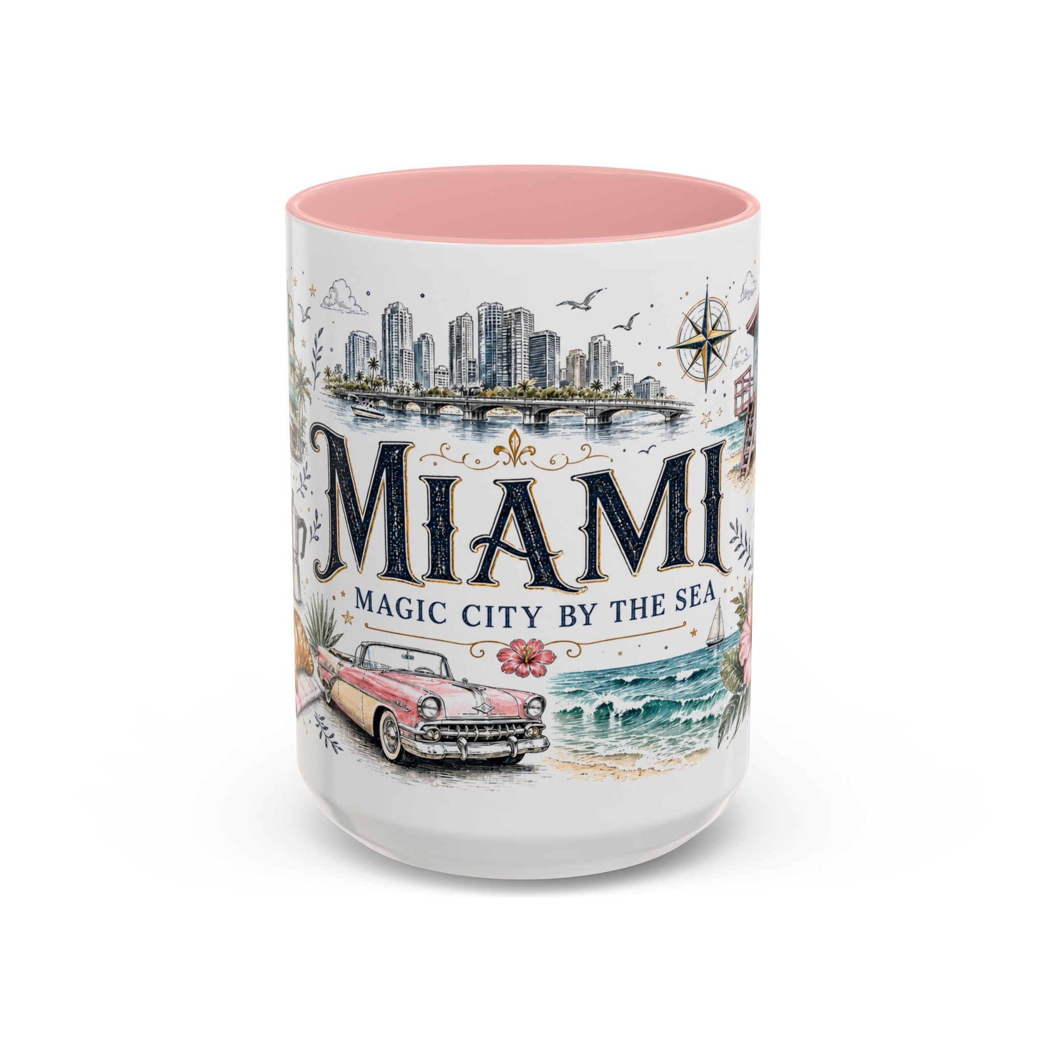 Miami Coffee Mug | United States Travel Souvenir | Vintage Illustrated City Gift | 11 oz 15 oz Accent Mug