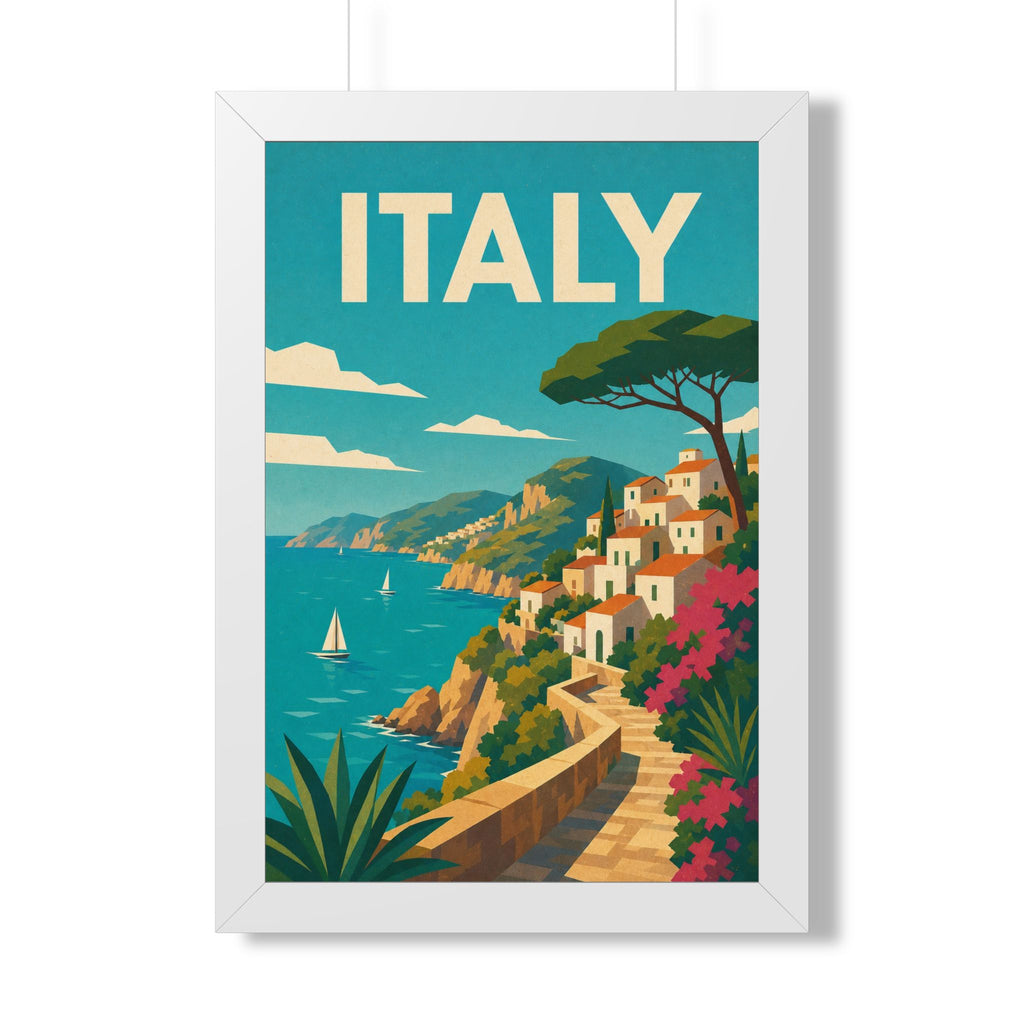 Italian Cliffside Coast Italy Framed Poster | Vintage Travel Wall Art | Black Walnut White Frame | 16x24 20x30