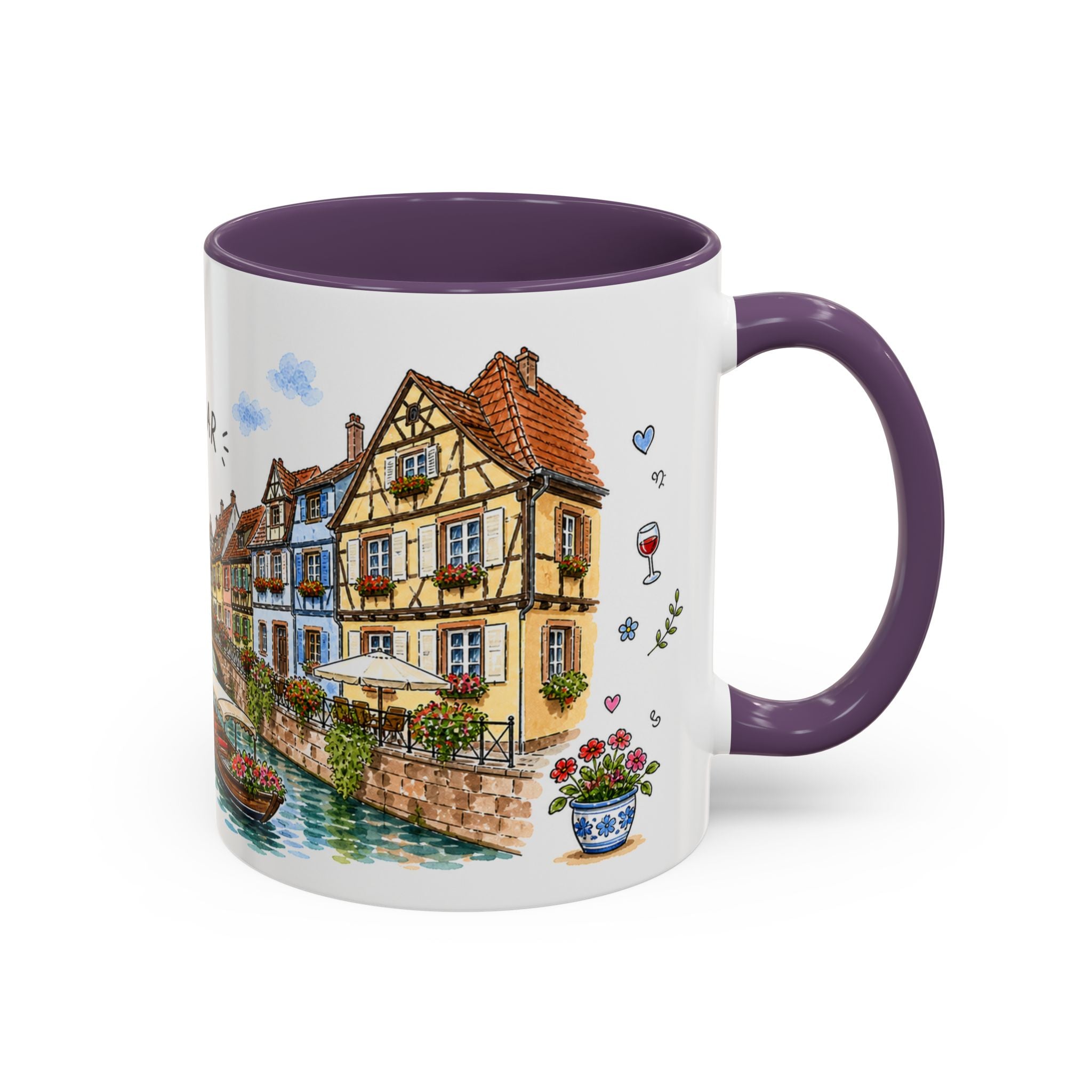 Colmar Illustrated Travel Mug | France Souvenir Accent Coffee Mug | 11oz 15oz Ceramic Cup