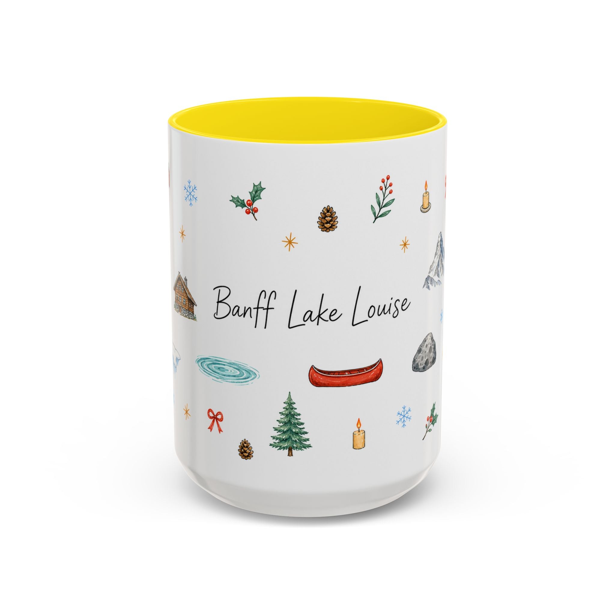 Banff Lake Louise Christmas Mug | Watercolor Travel Souvenir | Holiday Gift | Accent Ceramic Coffee Cup 11oz 15oz