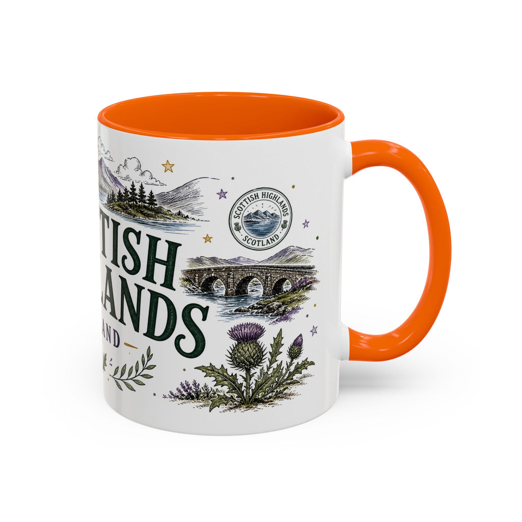 Scottish Highlands Coffee Mug | Travel Destination Souvenir Gift | Accent Color Ceramic 11oz 15oz