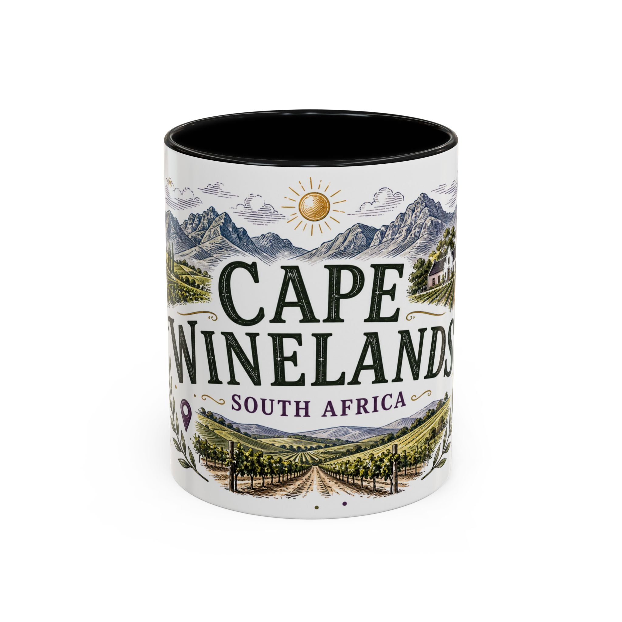 Cape Winelands Coffee Mug | Travel Destination Souvenir Gift | Accent Color Ceramic 11oz 15oz