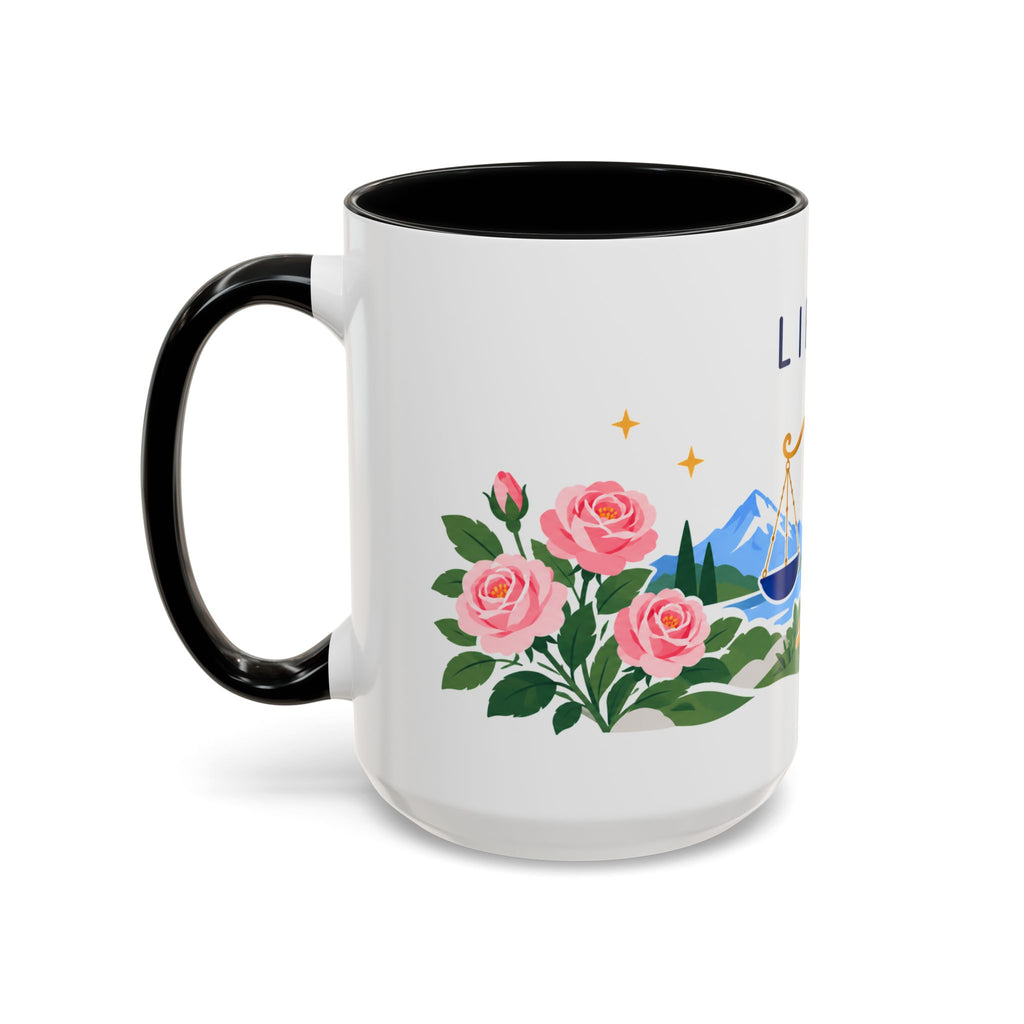 Libra Zodiac Coffee Mug | Scales and Rose Design | Astrology Birthday Gift | 11 oz 15 oz Ceramic Accent Mug