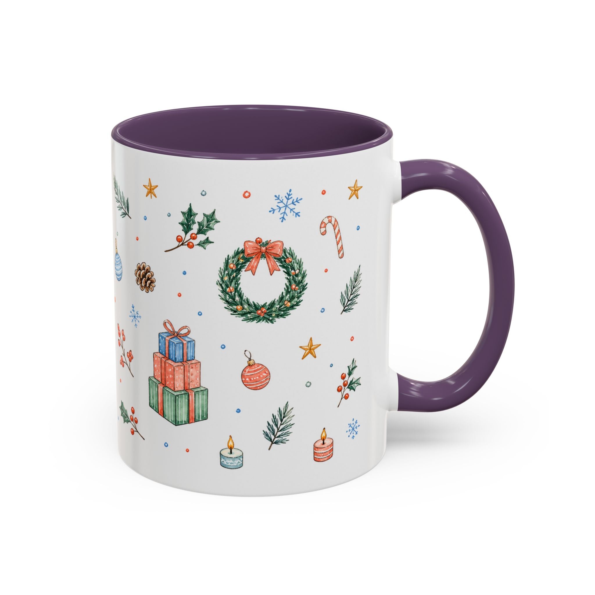 Christmas Mug | Watercolor Tree Gifts Wreath Holiday Cup | Accent Coffee Mug 11oz 15oz