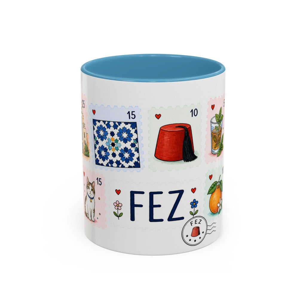 Fez Coffee Mug | Postage Stamp Collage Mug | Travel Souvenir Accent Cup 11oz 15oz