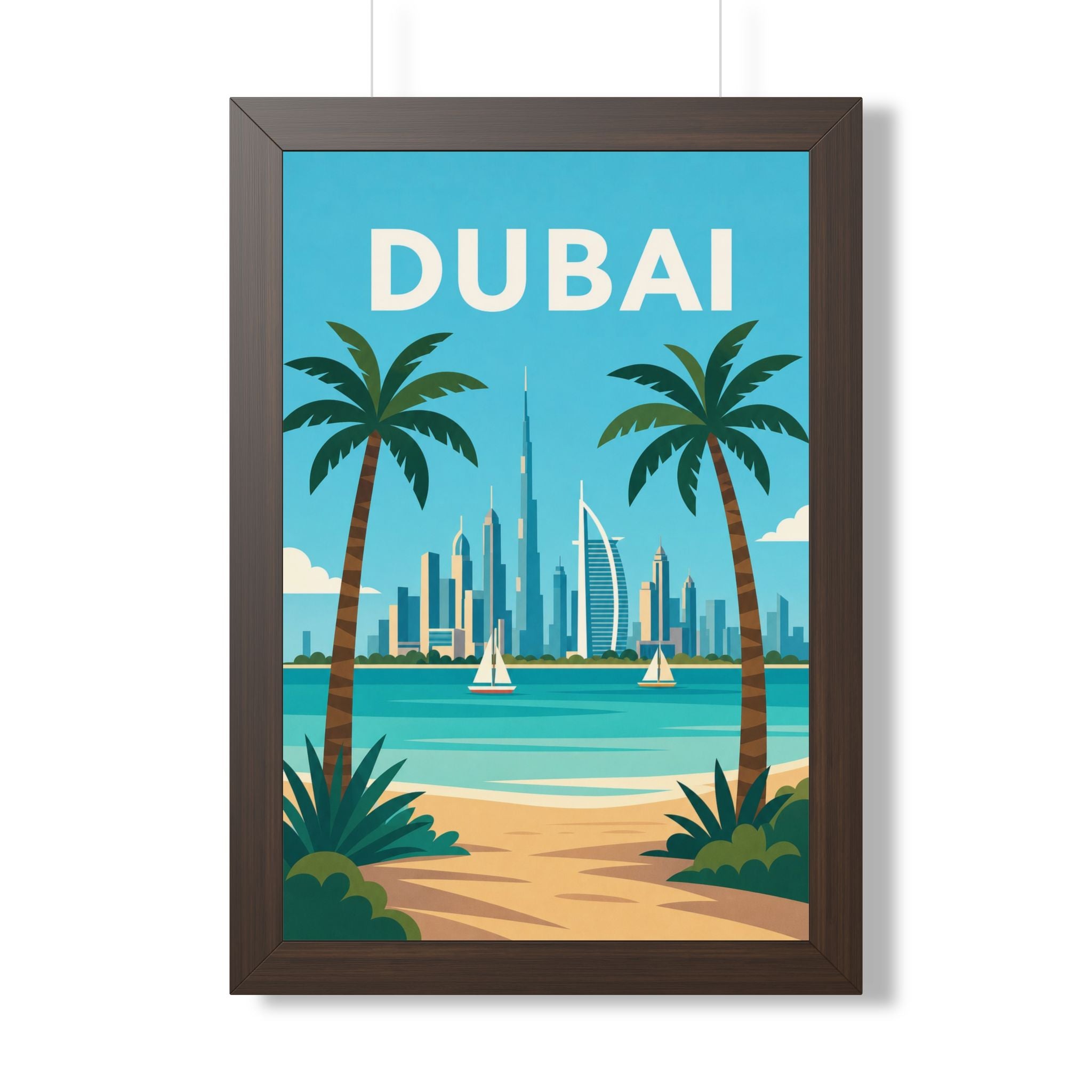 Dubai Beach United Arab Emirates Framed Poster | Vintage Travel Wall Art | Black Walnut White Frame | 16x24 20x30