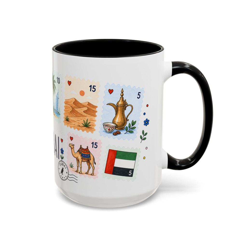 Dubai Coffee Mug | Postage Stamp Collage Mug | Travel Souvenir Accent Cup 11oz 15oz