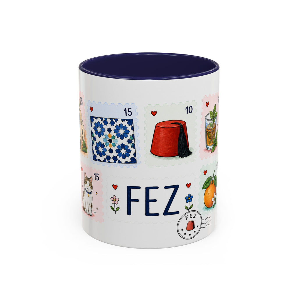 Fez Coffee Mug | Postage Stamp Collage Mug | Travel Souvenir Accent Cup 11oz 15oz