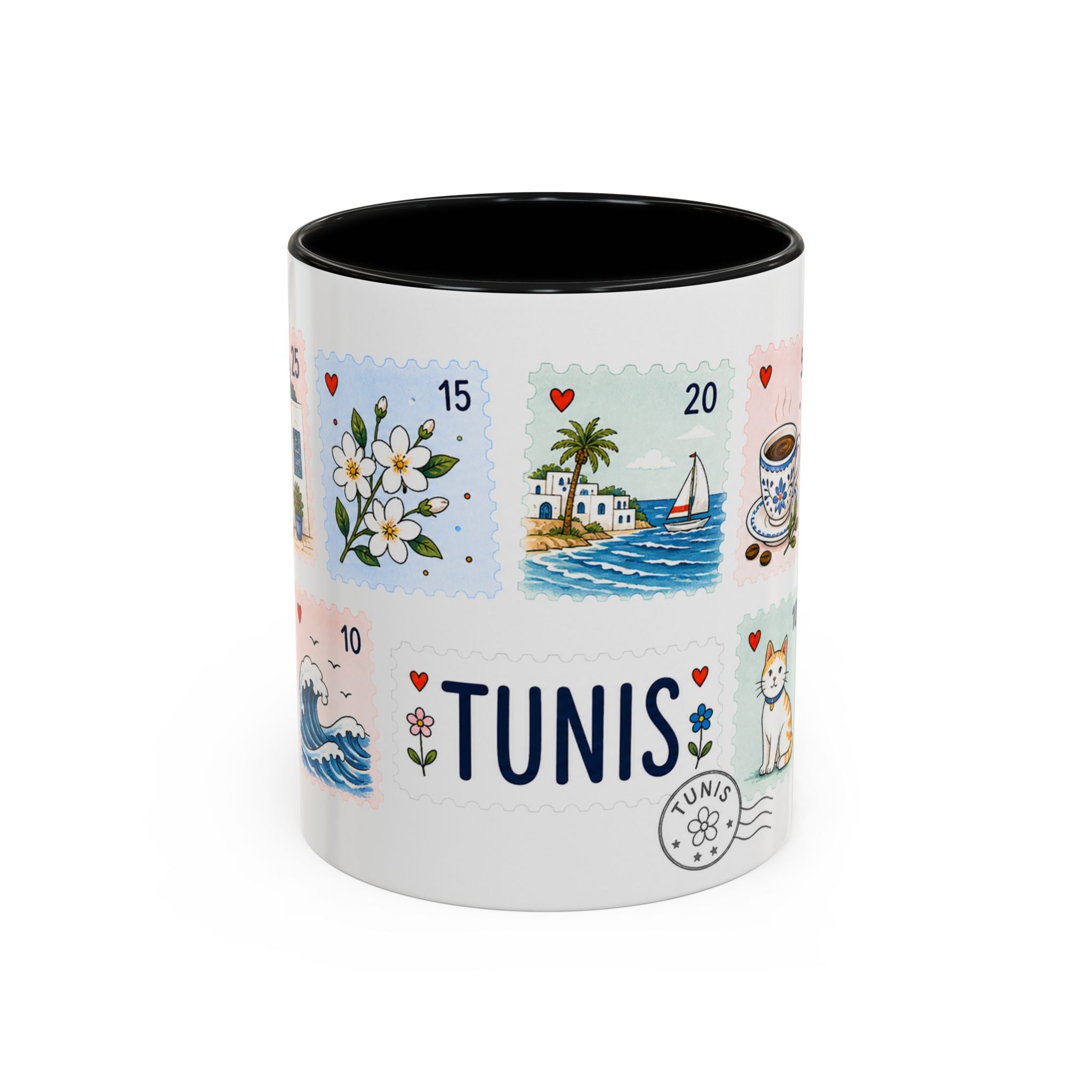 Tunis Coffee Mug | Postage Stamp Collage Mug | Travel Souvenir Accent Cup 11oz 15oz