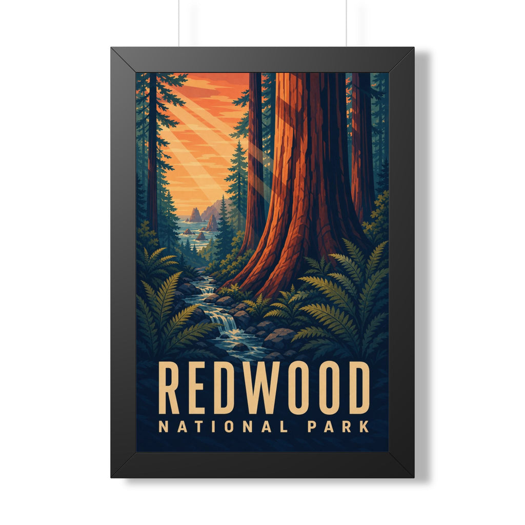 Redwood National Park Framed Poster | Vintage Travel Wall Art | Black Walnut White Frame | 16x24 20x30