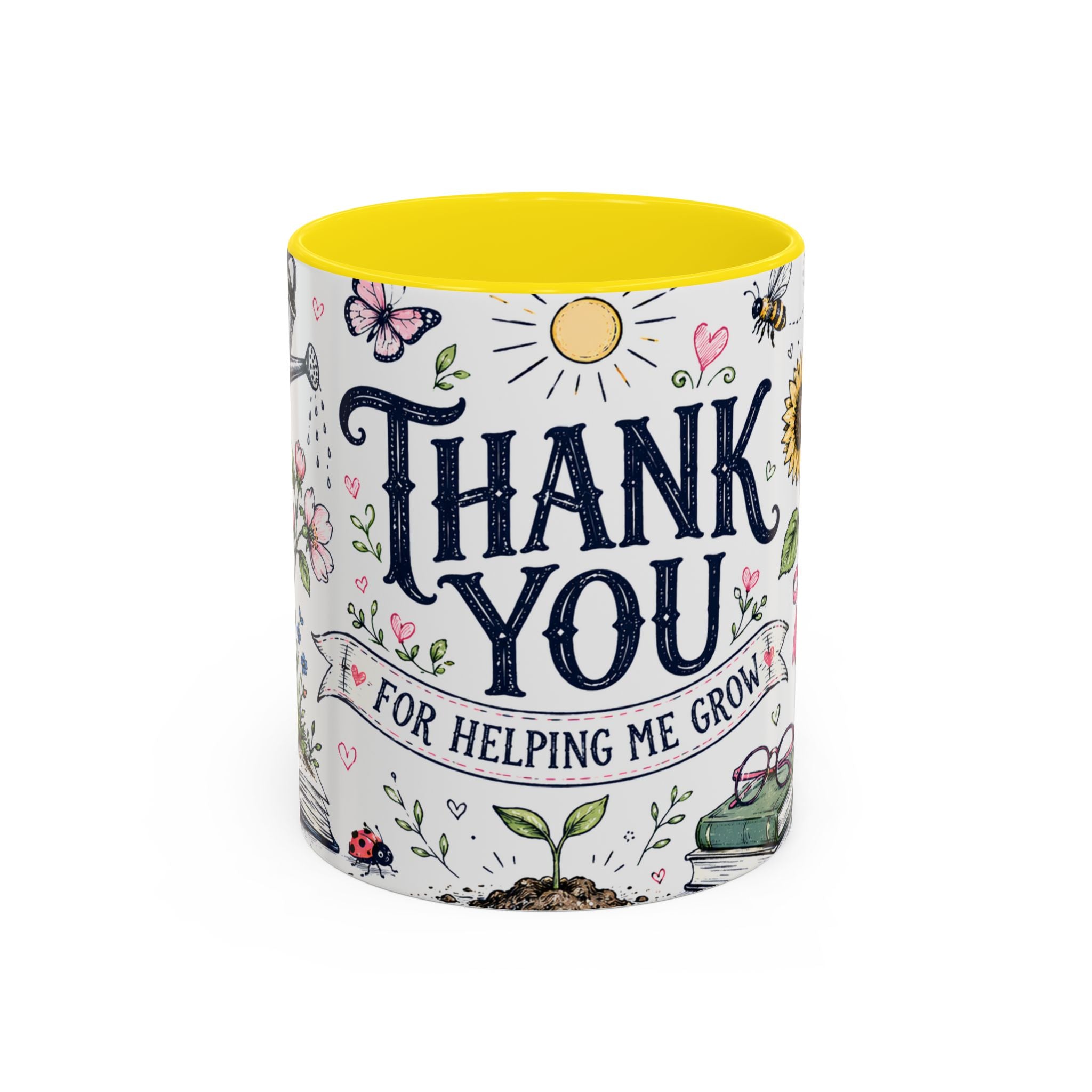 Thank You Teacher Coffee Mug | For Helping Me Grow Appreciation Gift | Accent Color Ceramic 11oz 15oz