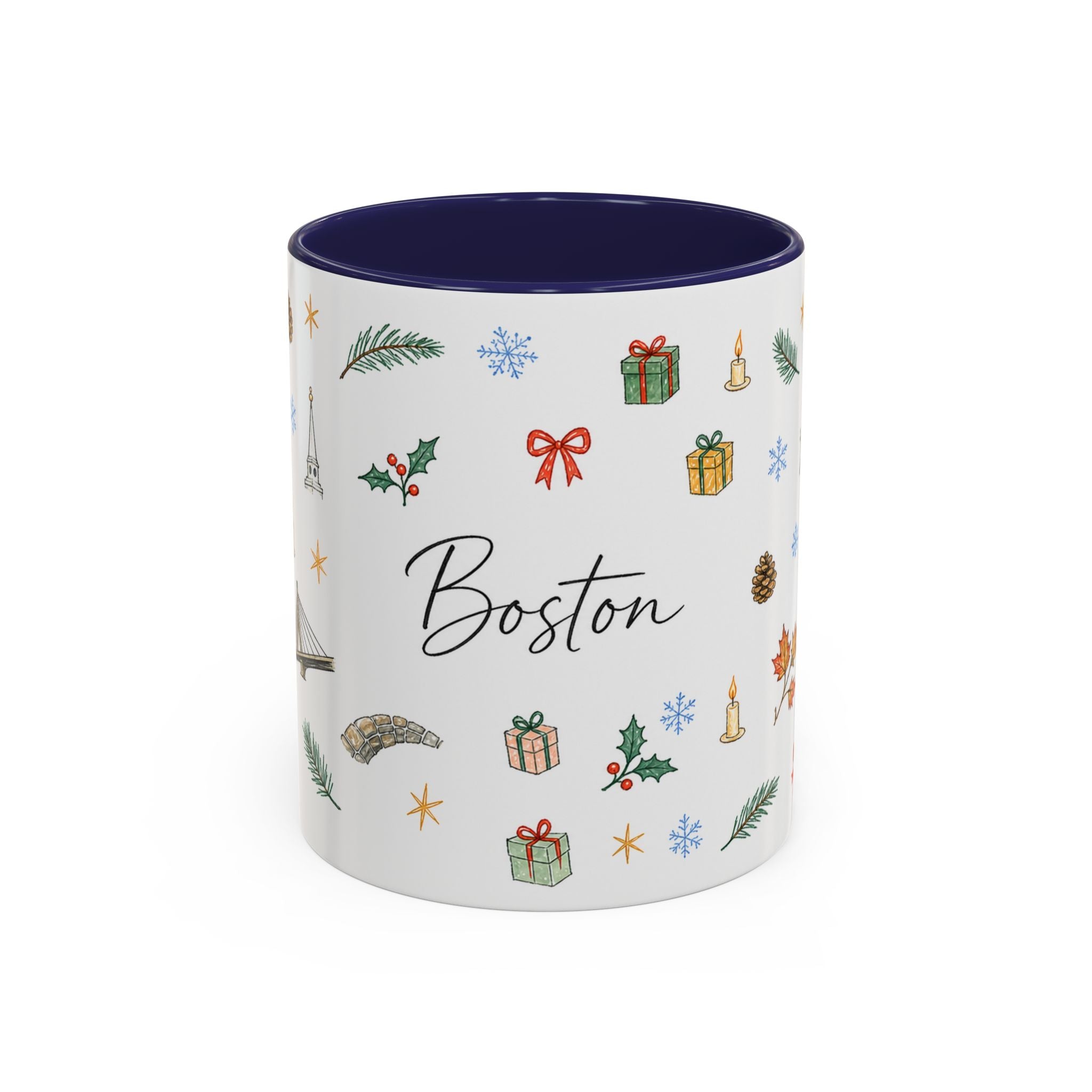 Boston Christmas Mug | Watercolor Travel Souvenir | Holiday Gift | Accent Ceramic Coffee Cup 11oz 15oz