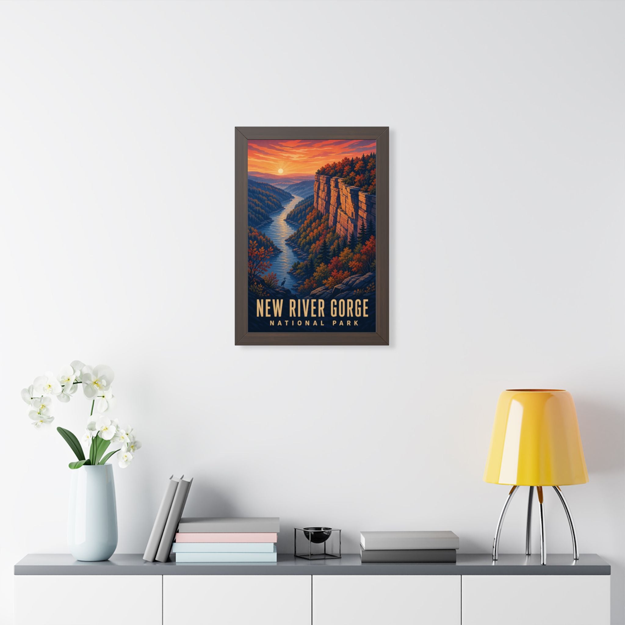 New River Gorge National Park Framed Poster | Vintage Travel Wall Art | Black Walnut White Frame | 16x24 20x30
