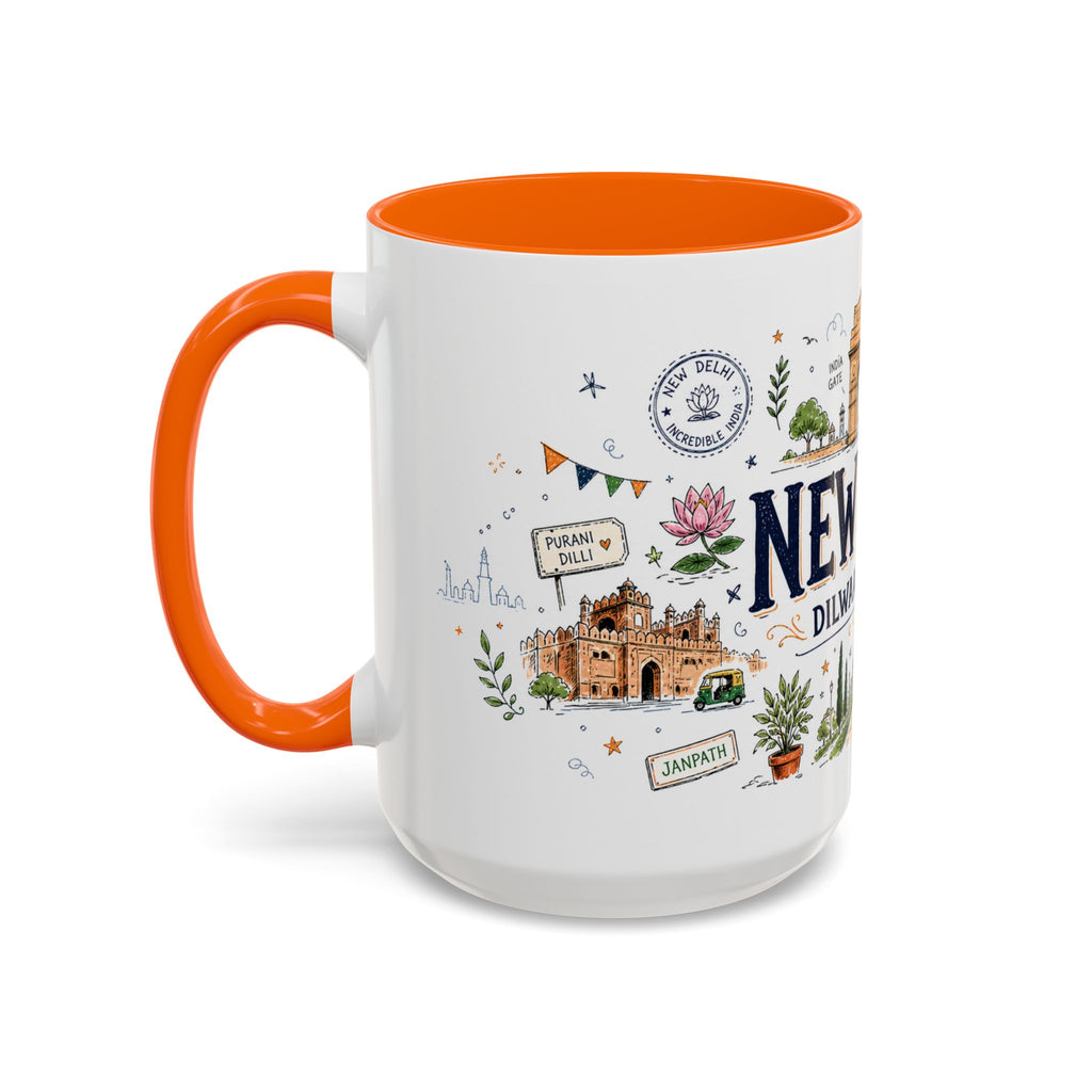 New Delhi Coffee Mug | India Souvenir Travel Gift | Accent Color Ceramic 11oz 15oz