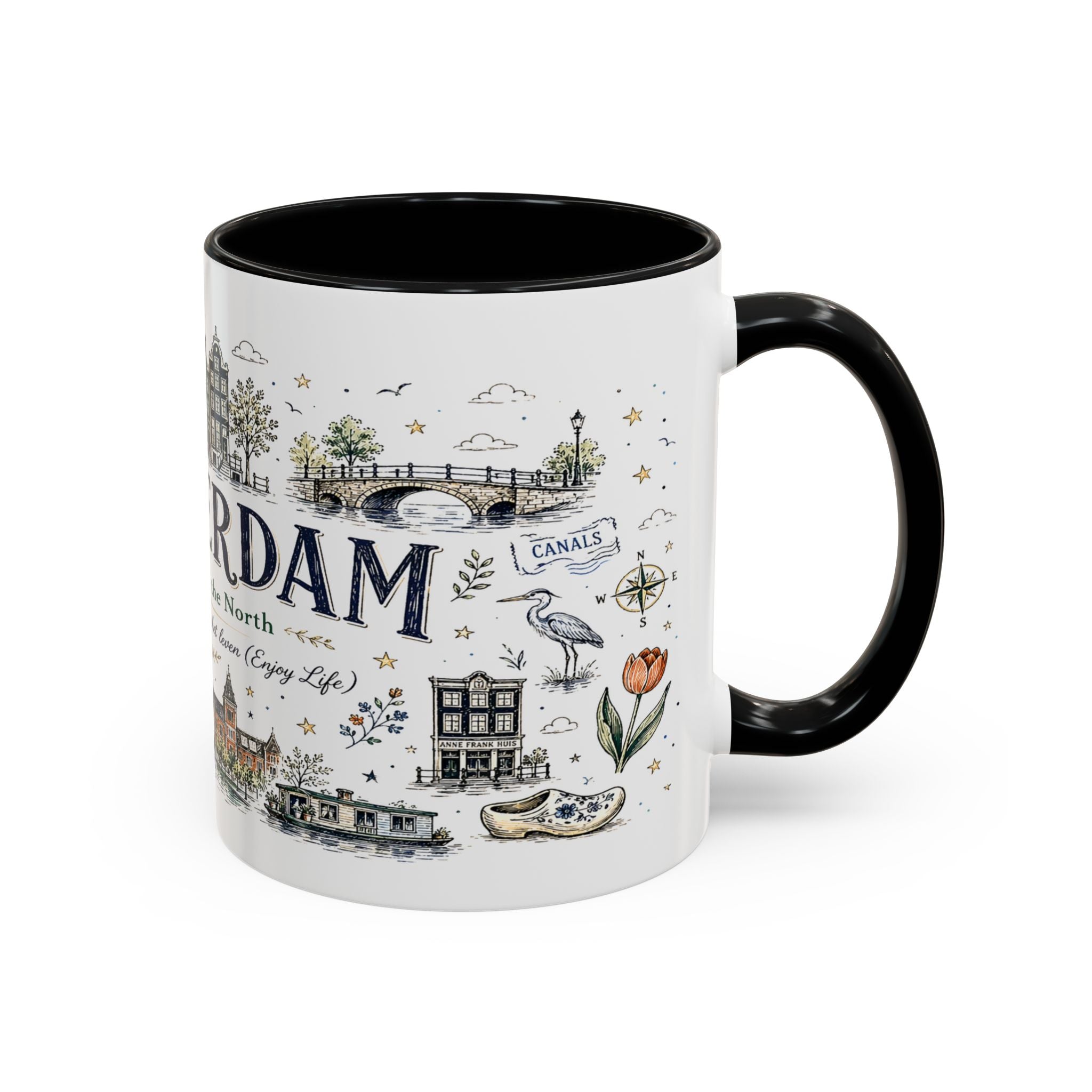 Amsterdam Coffee Mug | Netherlands Souvenir Travel Gift | Accent Color Ceramic 11oz 15oz