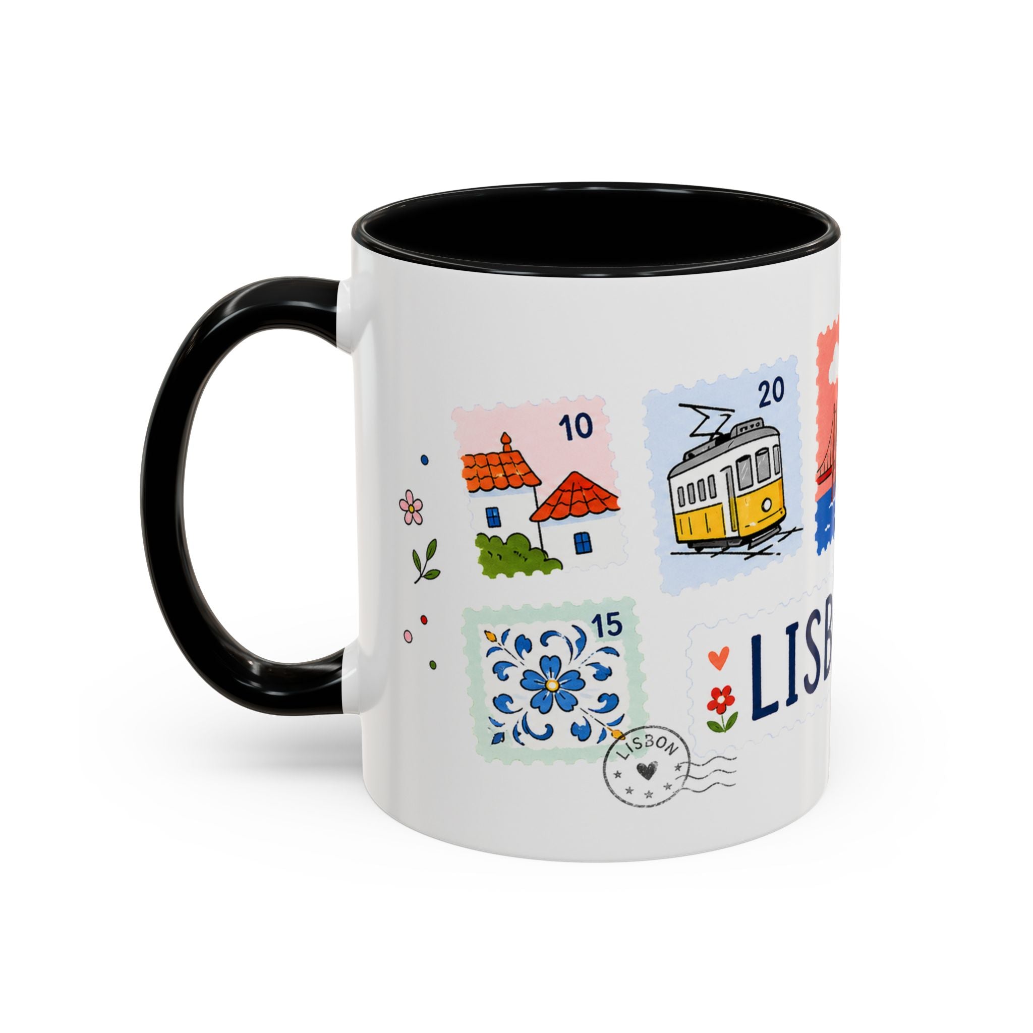 Lisbon Coffee Mug | Postage Stamp Collage Mug | Travel Souvenir Accent Cup 11oz 15oz