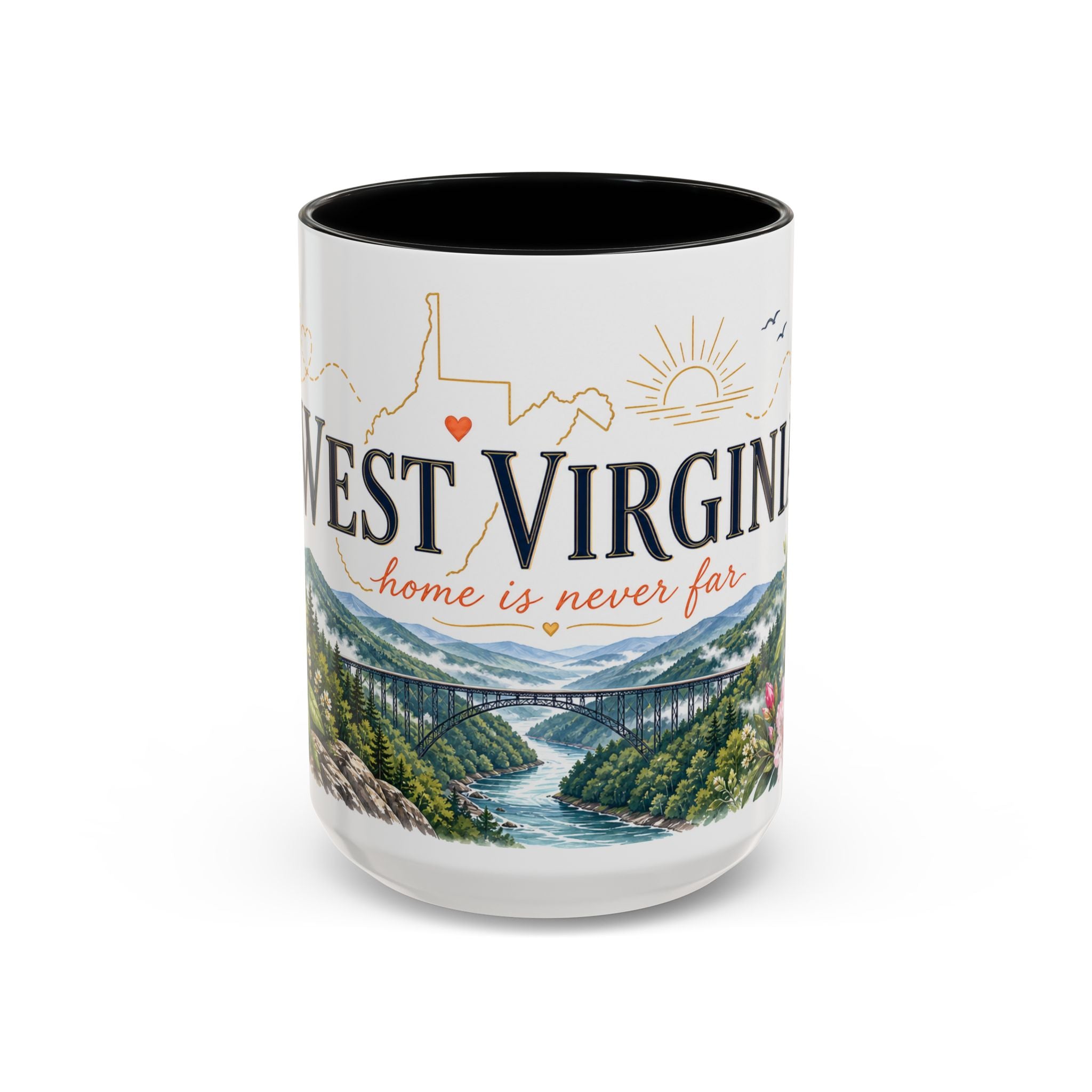 West Virginia State Map Mug | Appalachian Bridge, Rhododendron Accent Coffee Cup