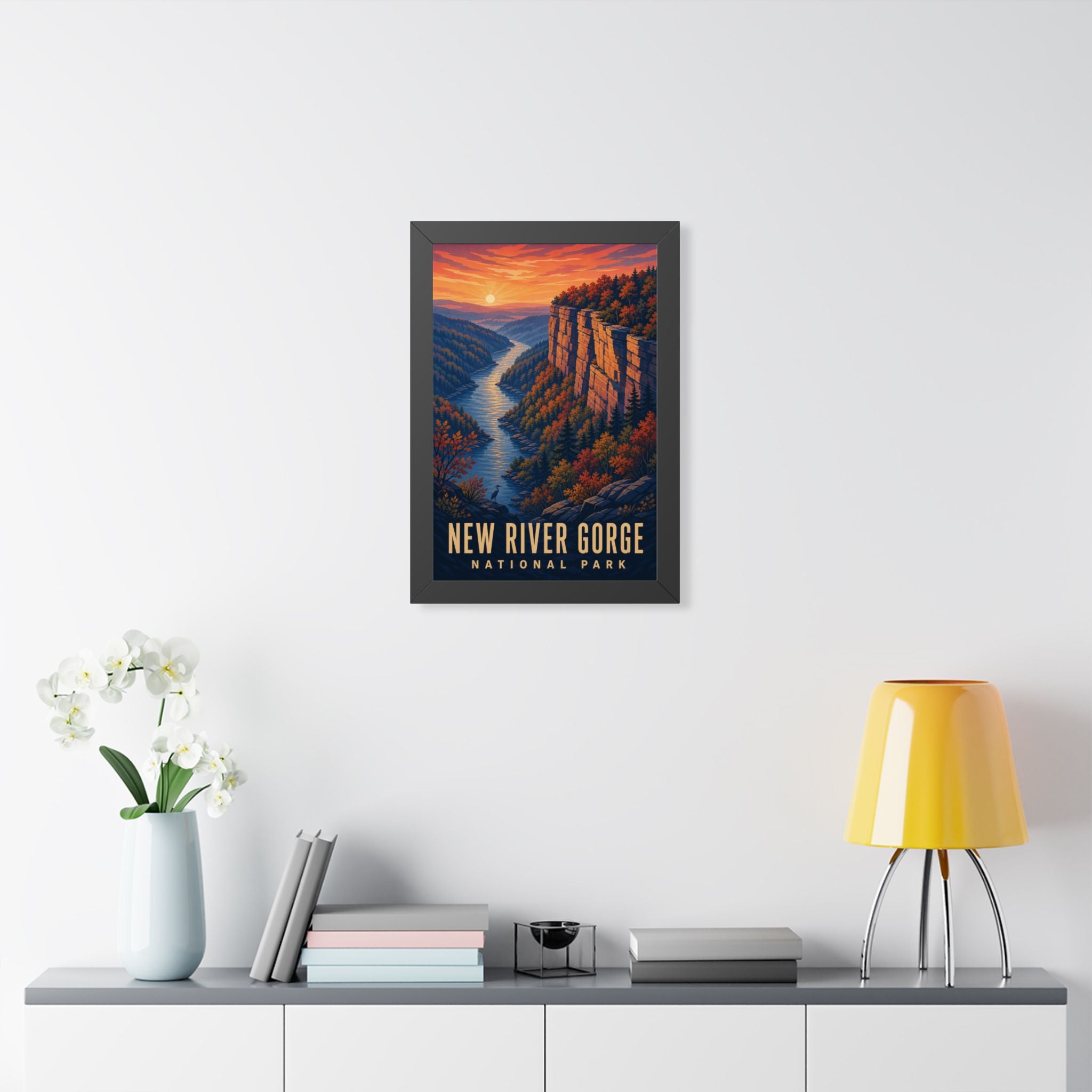 New River Gorge National Park Framed Poster | Vintage Travel Wall Art | Black Walnut White Frame | 16x24 20x30