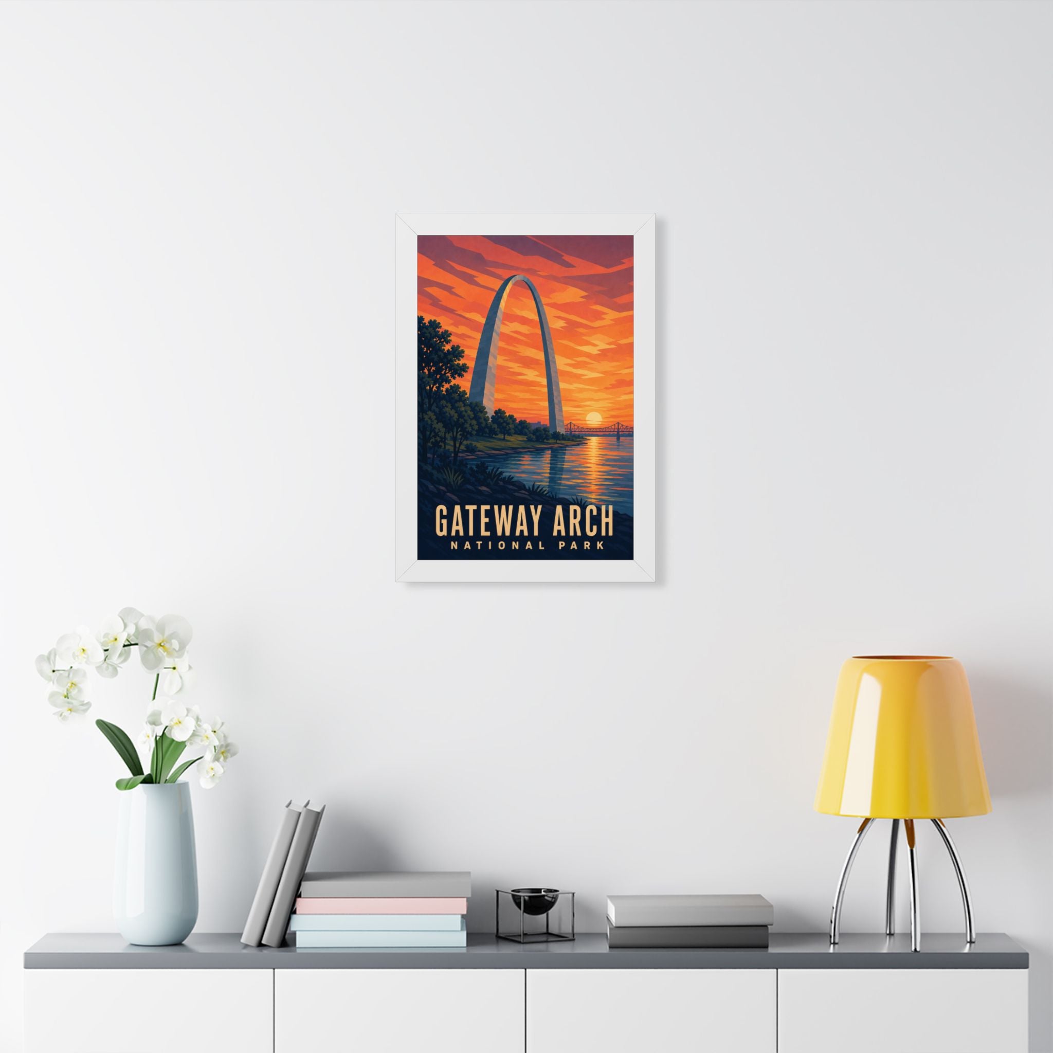 Gateway Arch National Park Framed Poster | Vintage Travel Wall Art | Black Walnut White Frame | 16x24 20x30